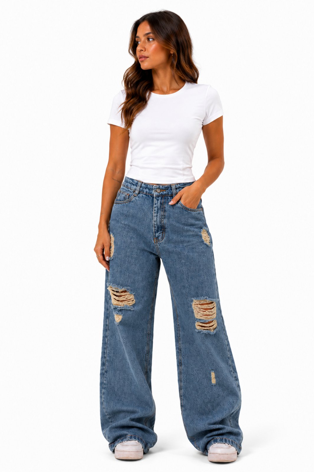 Calça Jeans Feminina D Bell Outlet Fashion Wide Leg Destroyed Azul