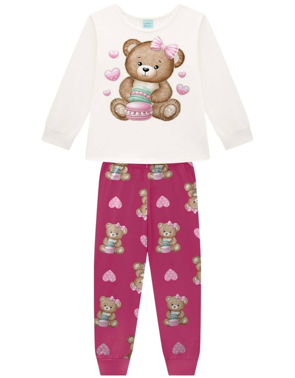 Vista 3 Pijama Juvenil 2pçs Manga Longa E Calça Kyly Ursinho Off White bege white Kyly bege white