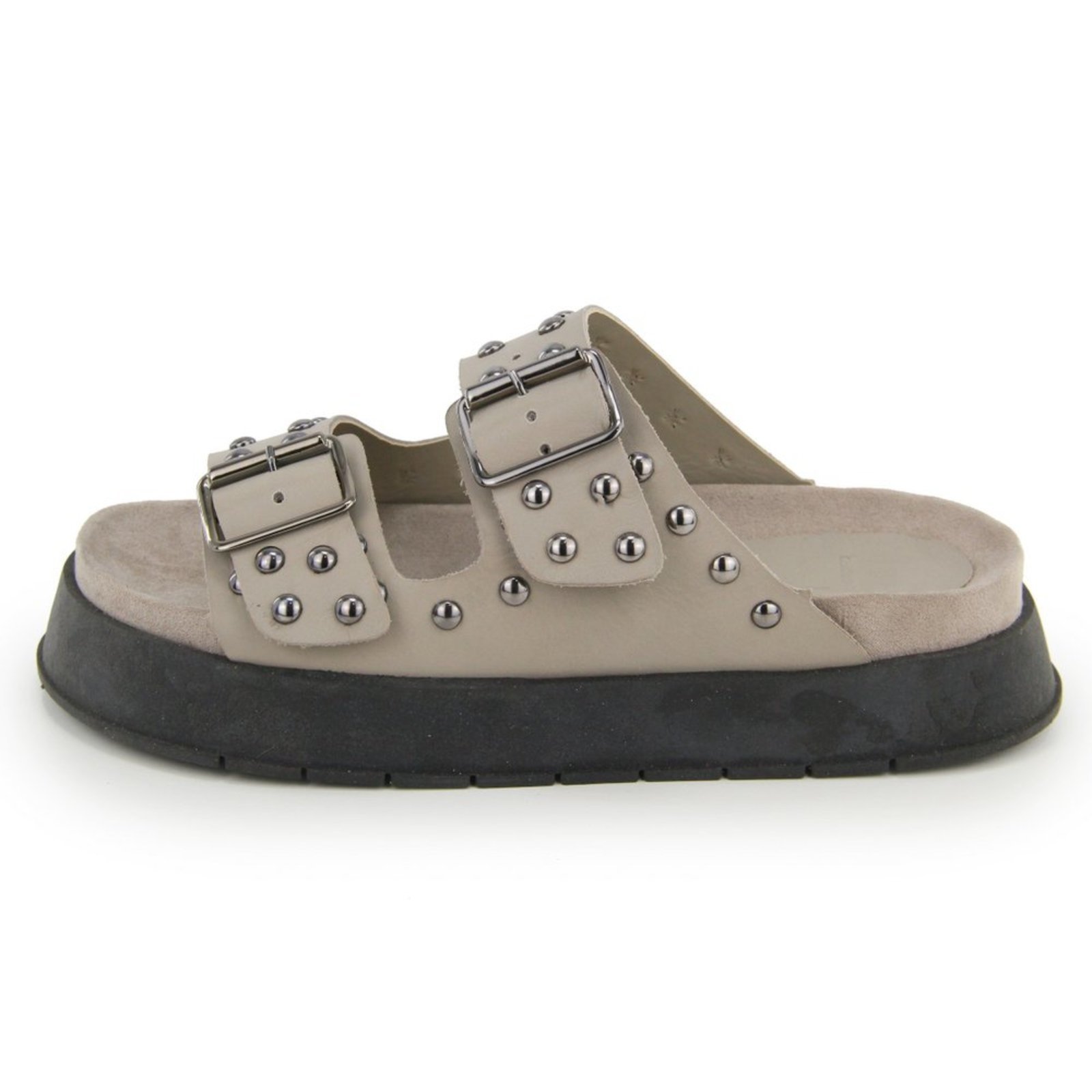 Sandália Papete Flatform Conforto em Couro Fivelas Maria Paula Cinza