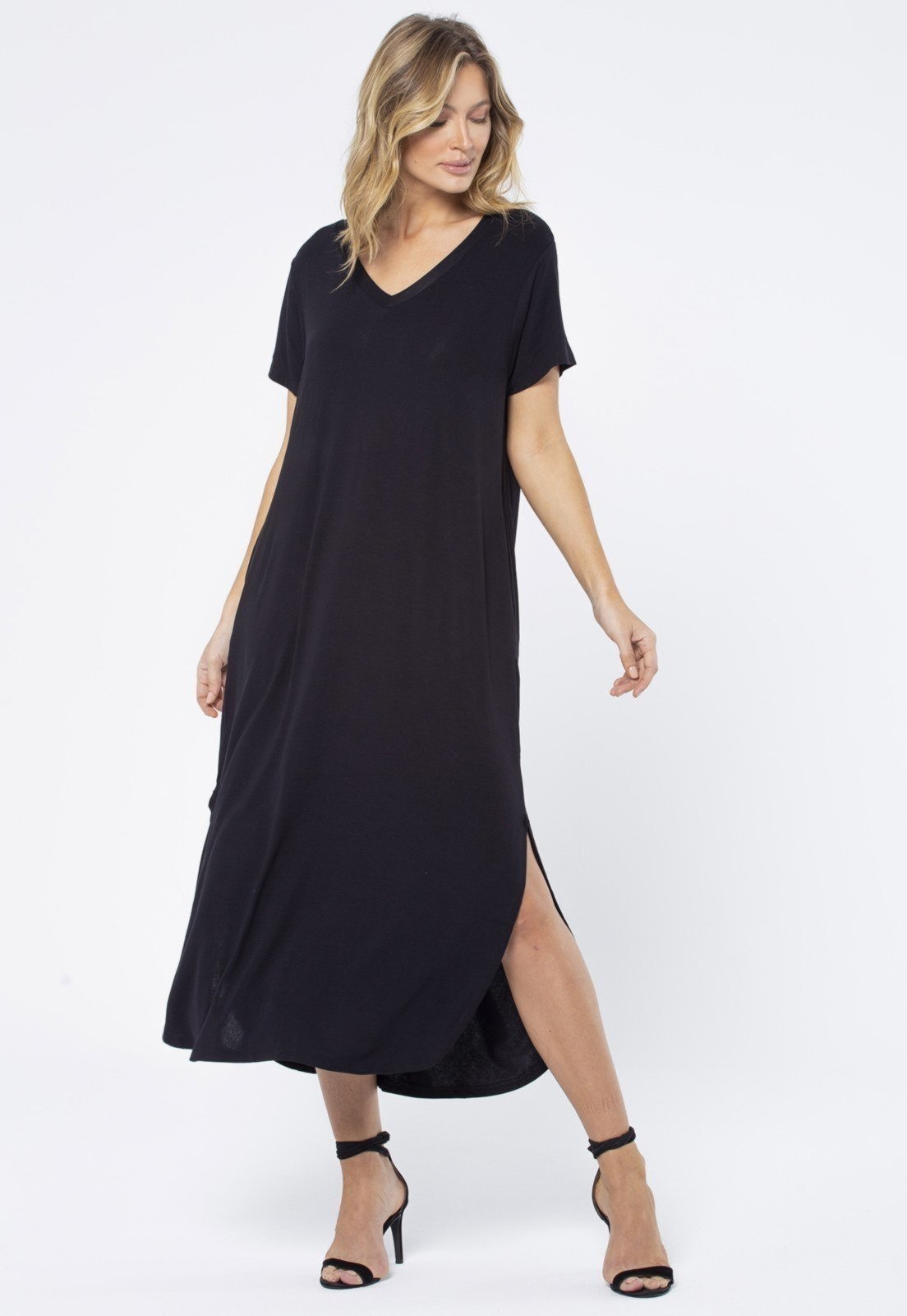 Vestido Midi Amazonia Vital Malha Manga Curta com Bolso Preto
