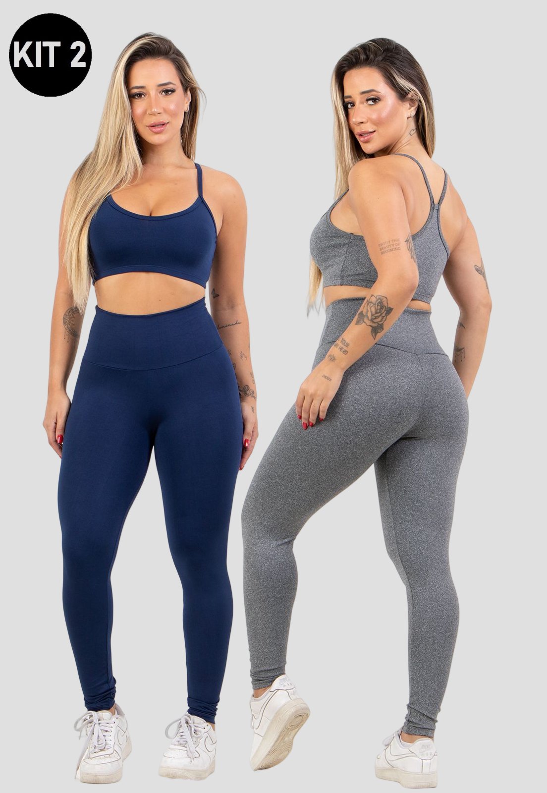 Kit 2 Conjuntos Feminino Fitness Top alça fina e Calça Legging Lisa Treino Academia 4 Estações Azul Marinho/Cinza