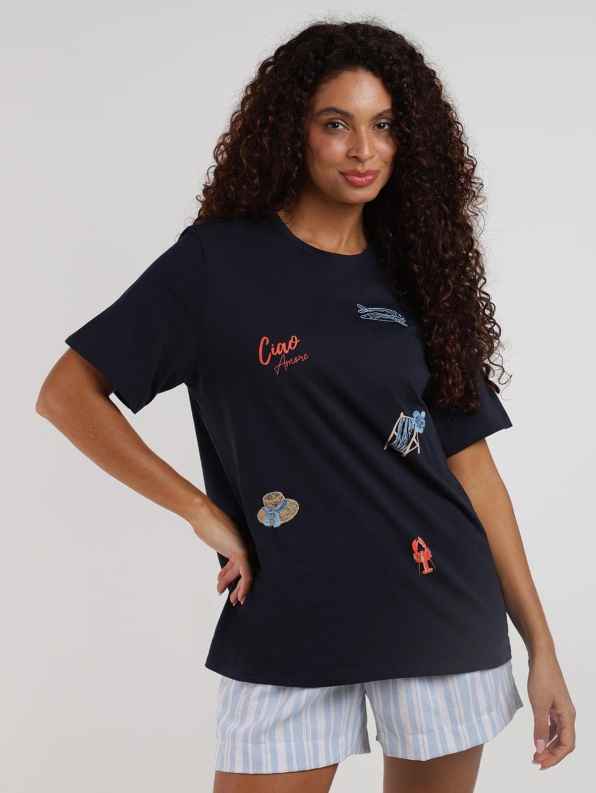 Vista 2 Blusa Com Bordados Manga Curta Autentique Feminina MARINHO azul Autentique azul
