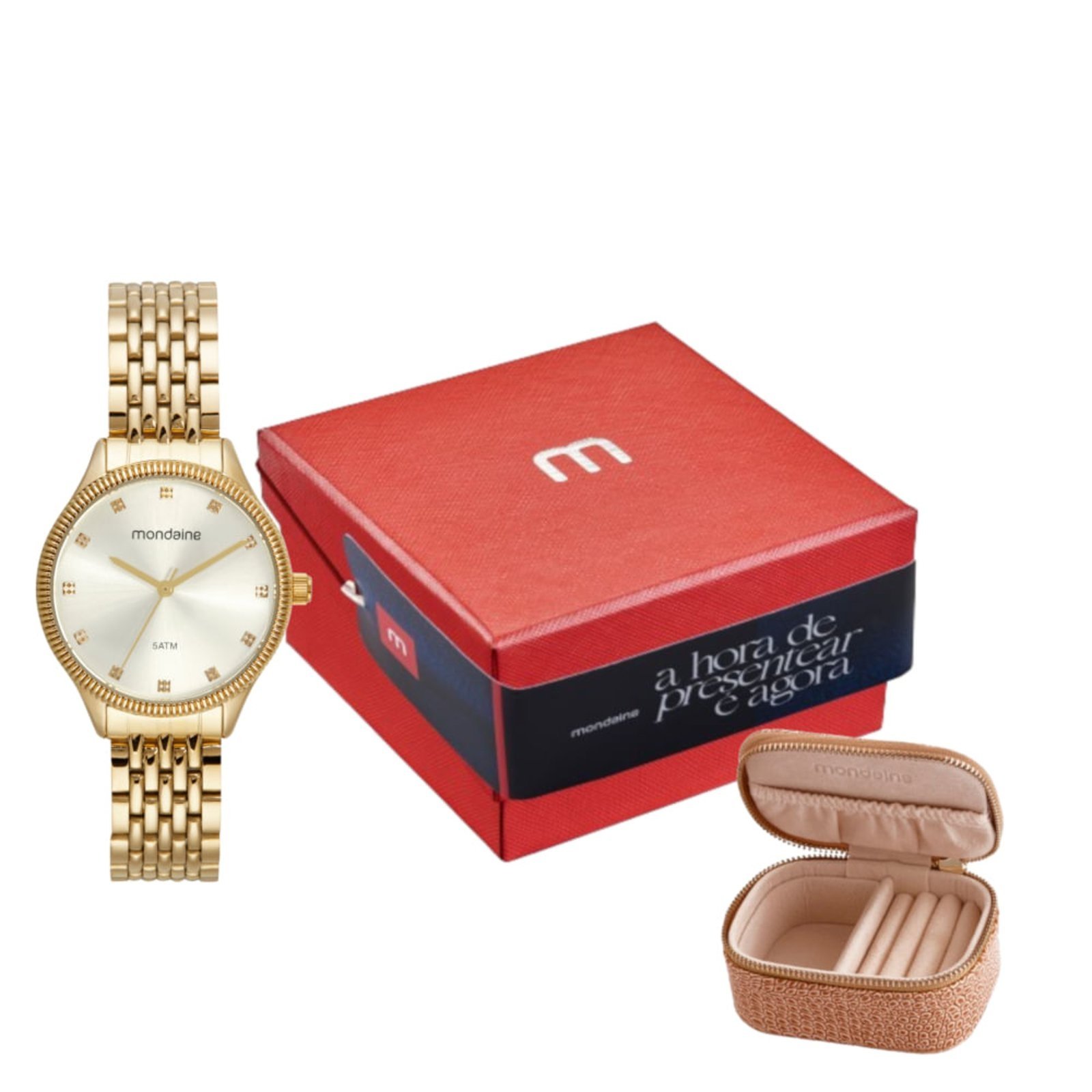 Kit Relógio Feminino Cristais Dourado com Porta Jóias Mondaine