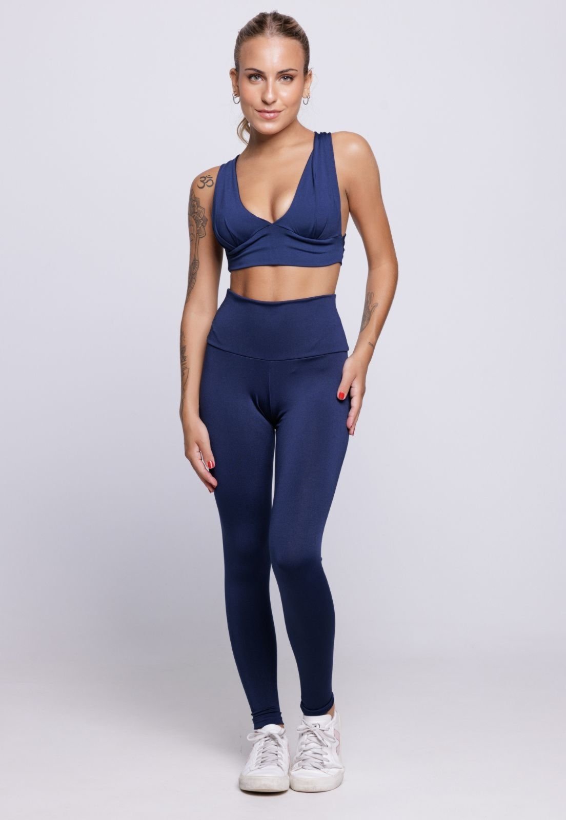 Conjunto Top Bojo e Calça Fitness Bella Fiore Modas Academia Cintura Alta Marinho