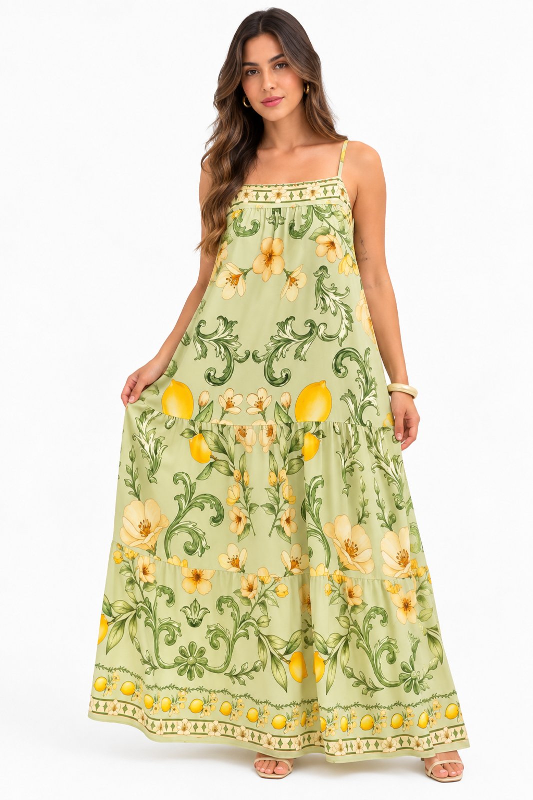Vestido Longo D Bell Outlet Fashion Alça Fina e Recorte Franzido Verde Menta