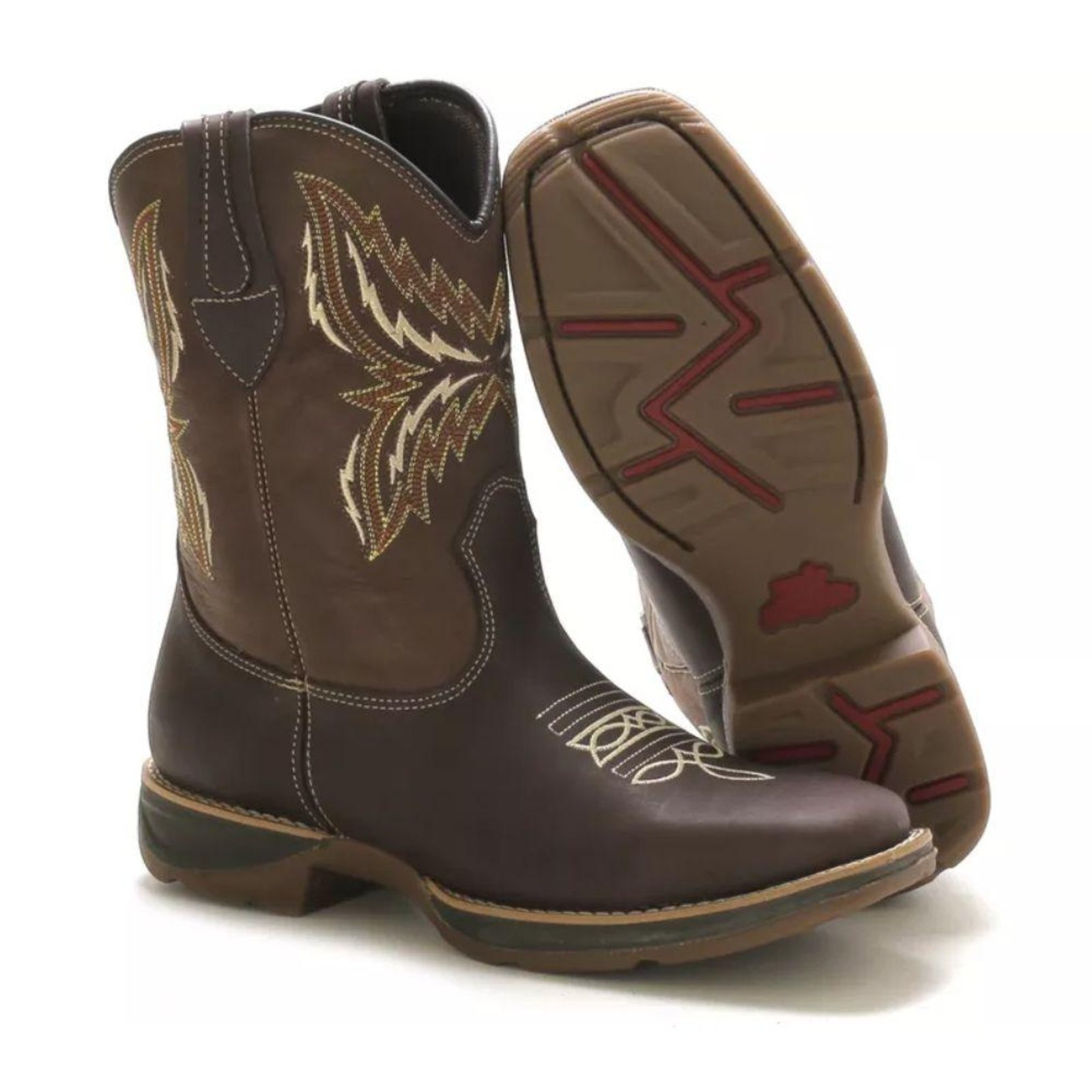 Bota Texana Masculina Couro Look Stock Bordada e Confortável Marrom