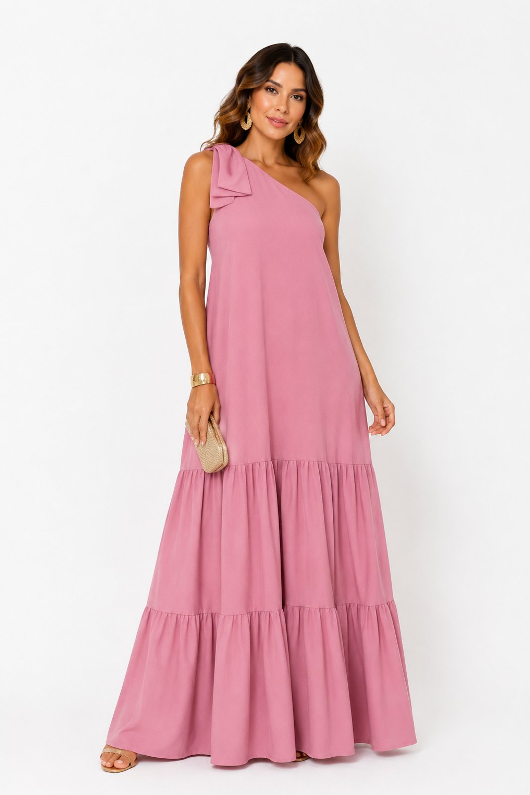 Vestido Longo D Bell Outlet Fashion Manga Nula Rosa Chiclete