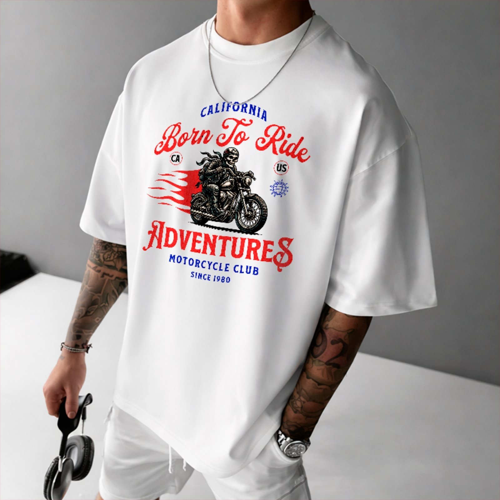 Camiseta Oversized Premium Born To Ride Motorcycle Adventures Unissex Branco