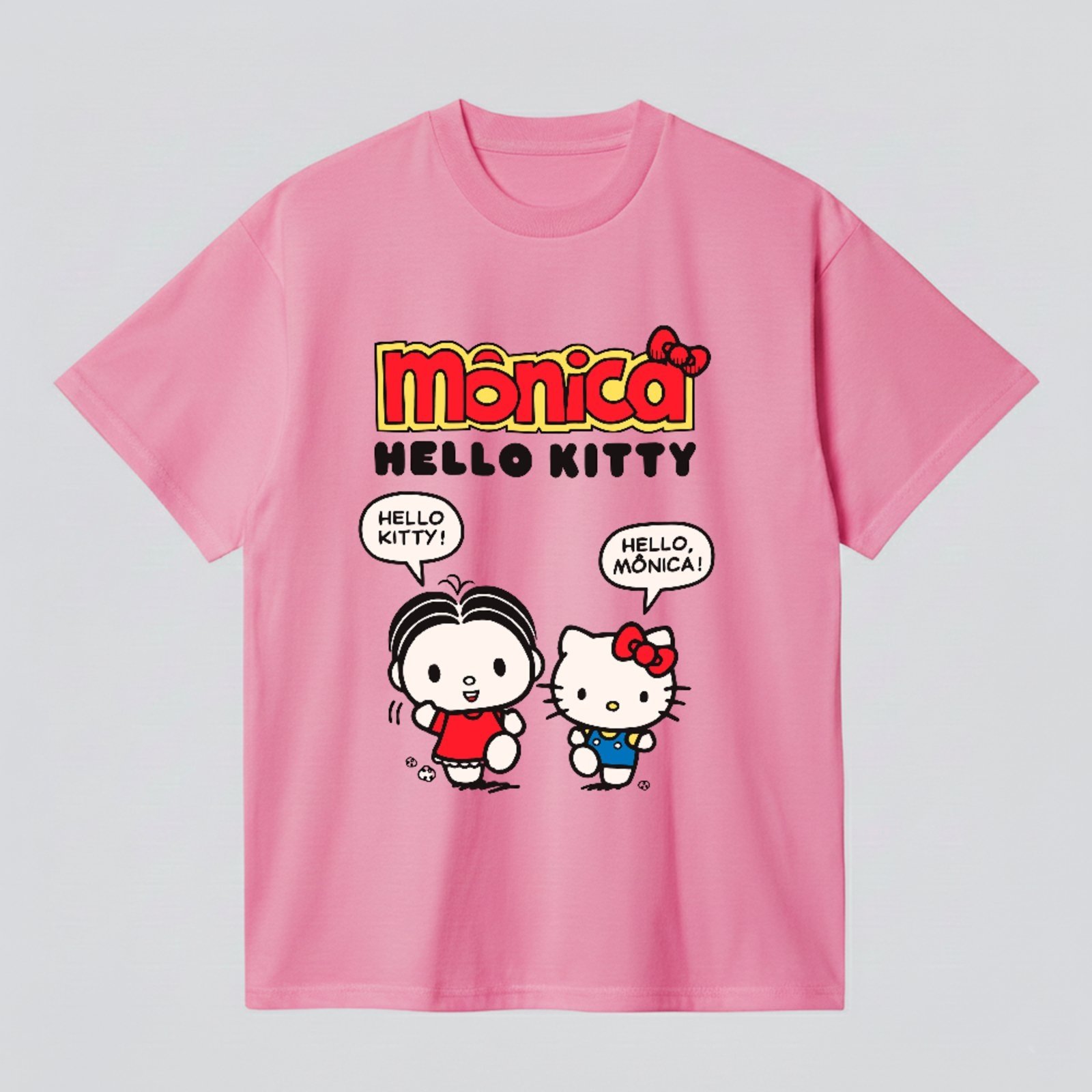 Camiseta Básica Ilustração Clássica Fofa Mônica Hello Kitty Unissex Rosa