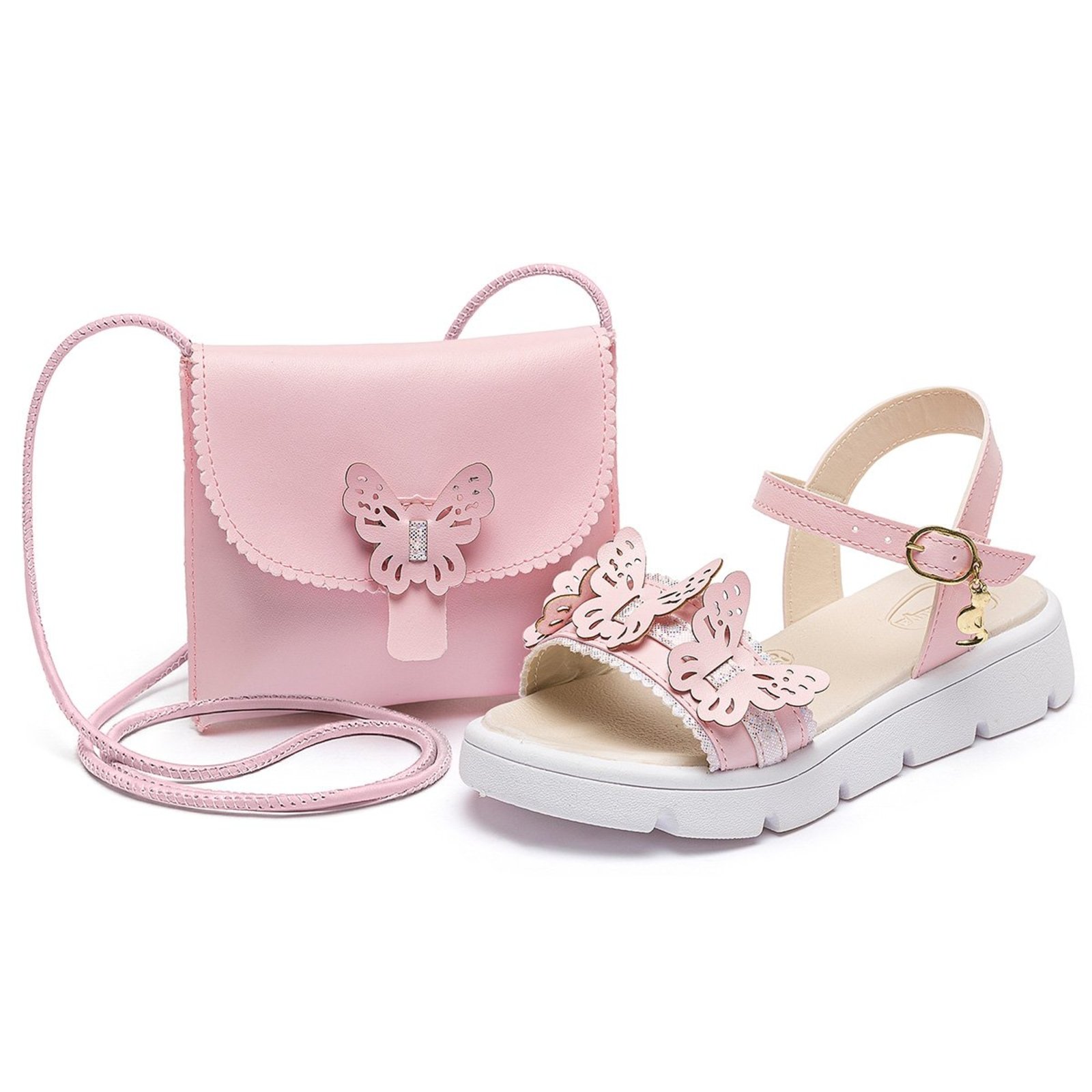 Infantil - Kit Sandália Com Bolsinha Menina Borboleta Rosa Confortável Casual MzKid