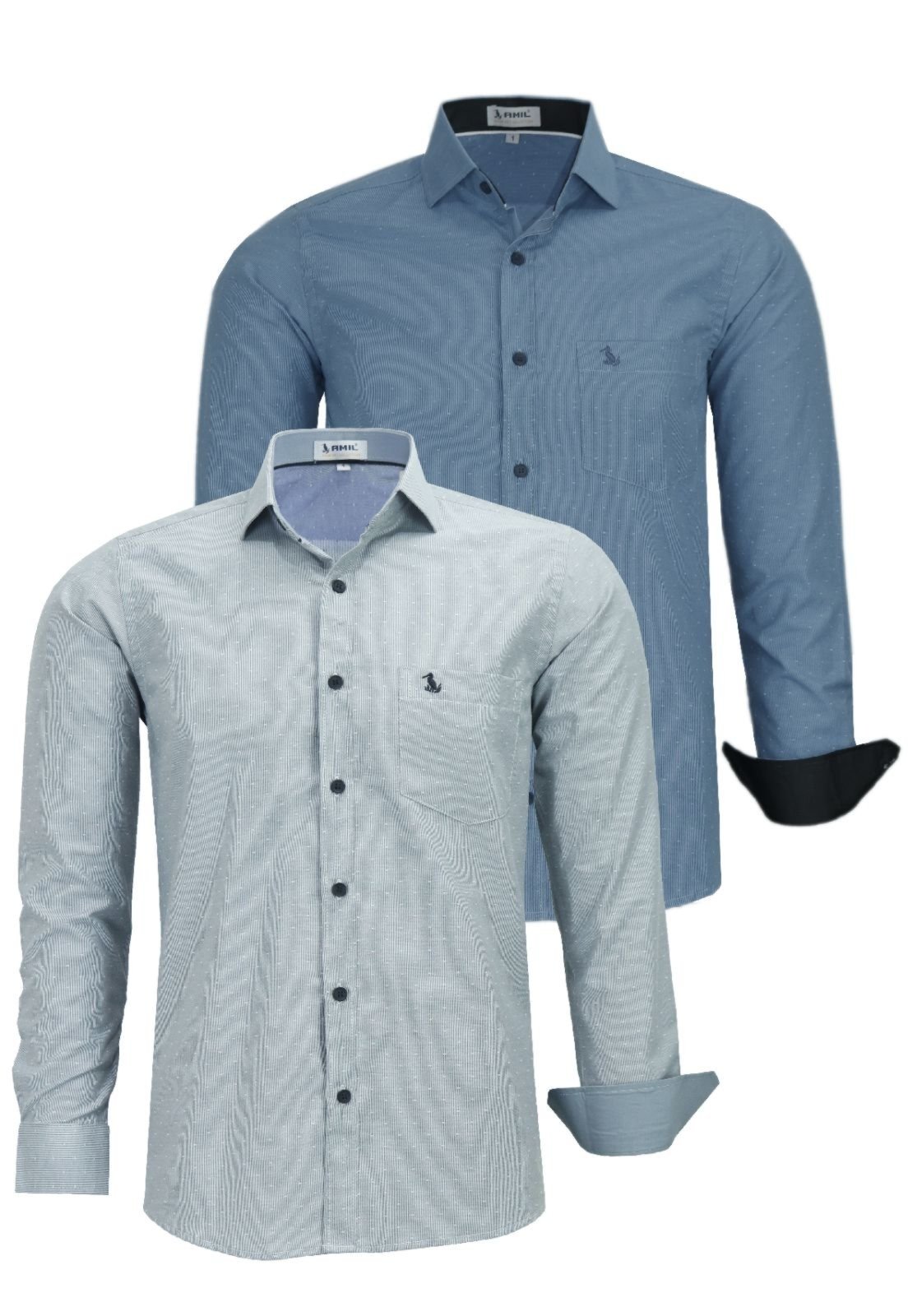 Kit 2 Camisas Manga Longa Tecido Misto Comfort 1779 Jeans e Cinza