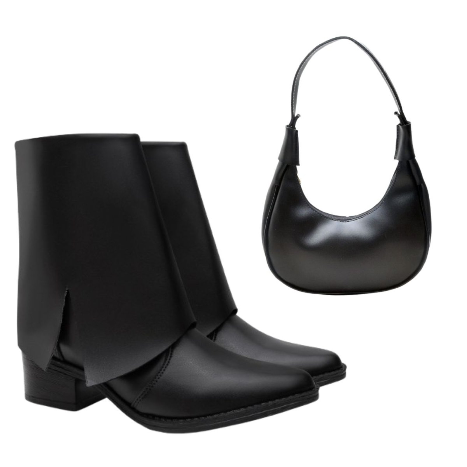 Kit Bota Feminina Cano Baixo Veritimo Western Casual Com Capa Salto Baixo E Bolsa Ombro Preto