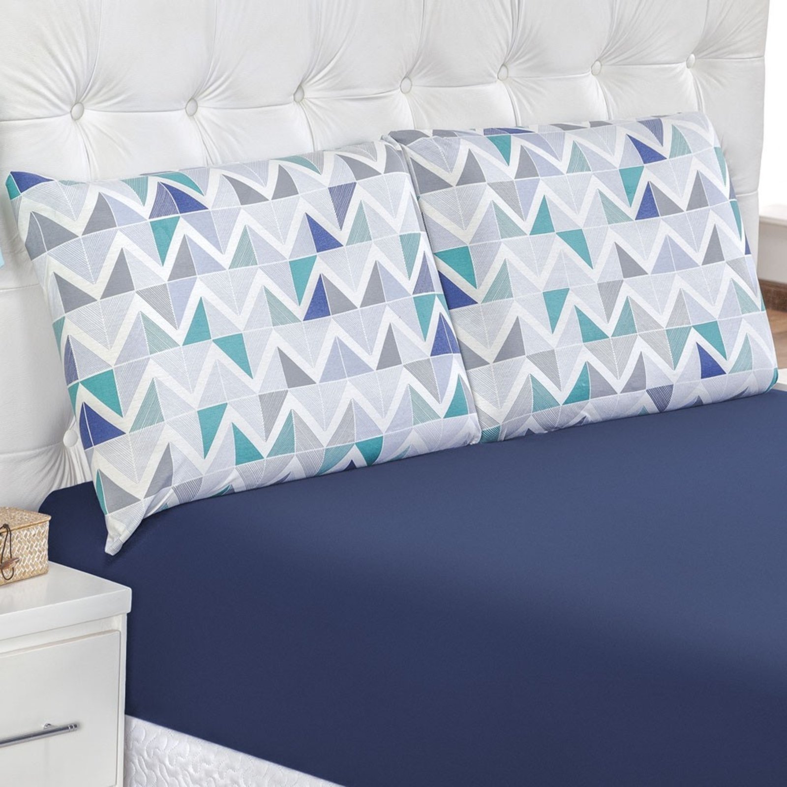 Jogo de Cama Lençol Casa Scarpa Siena King Malha Estampada 100% Algodão 3 Peças - Azul Geométrico