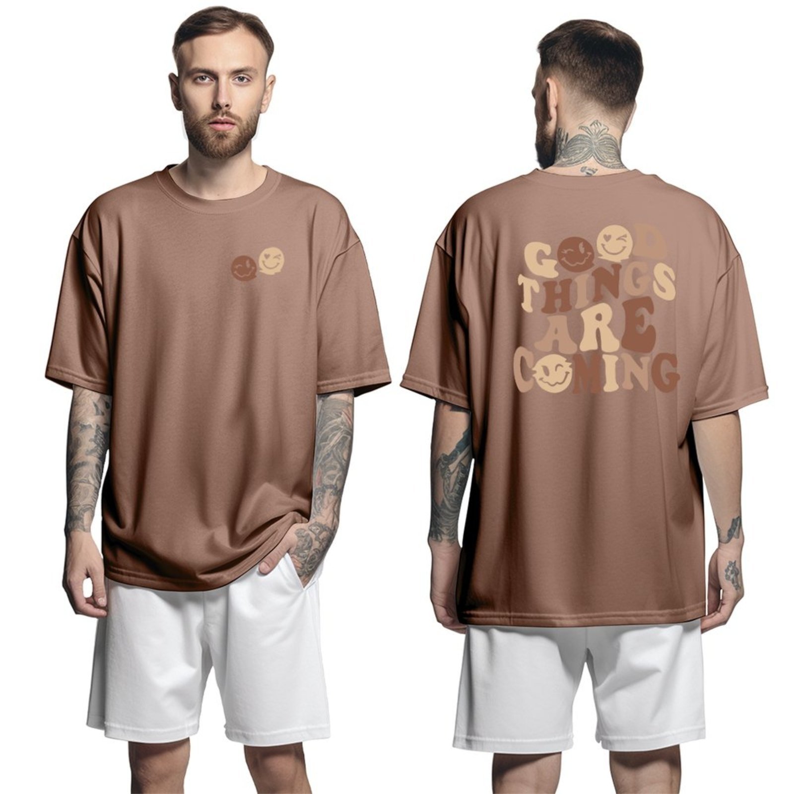Camisa Camiseta Oversized Streetwar Genuine Grit Masculina Larga 100% Algodão 30.1 Good Things Ares Coming – Marrom – P
