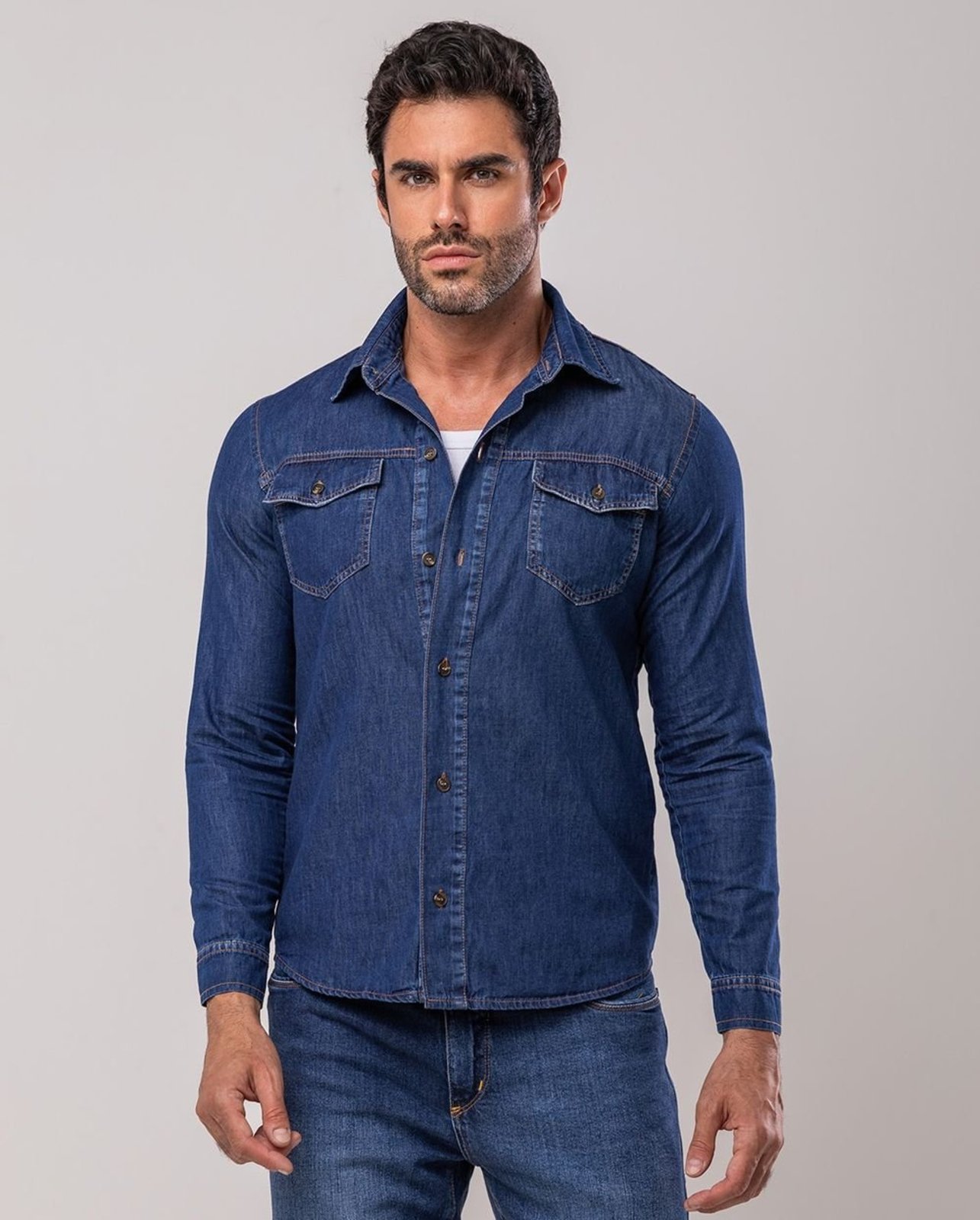 Camisa Jeans Masculina com Bolso Chapado 24607 Escura Consciência