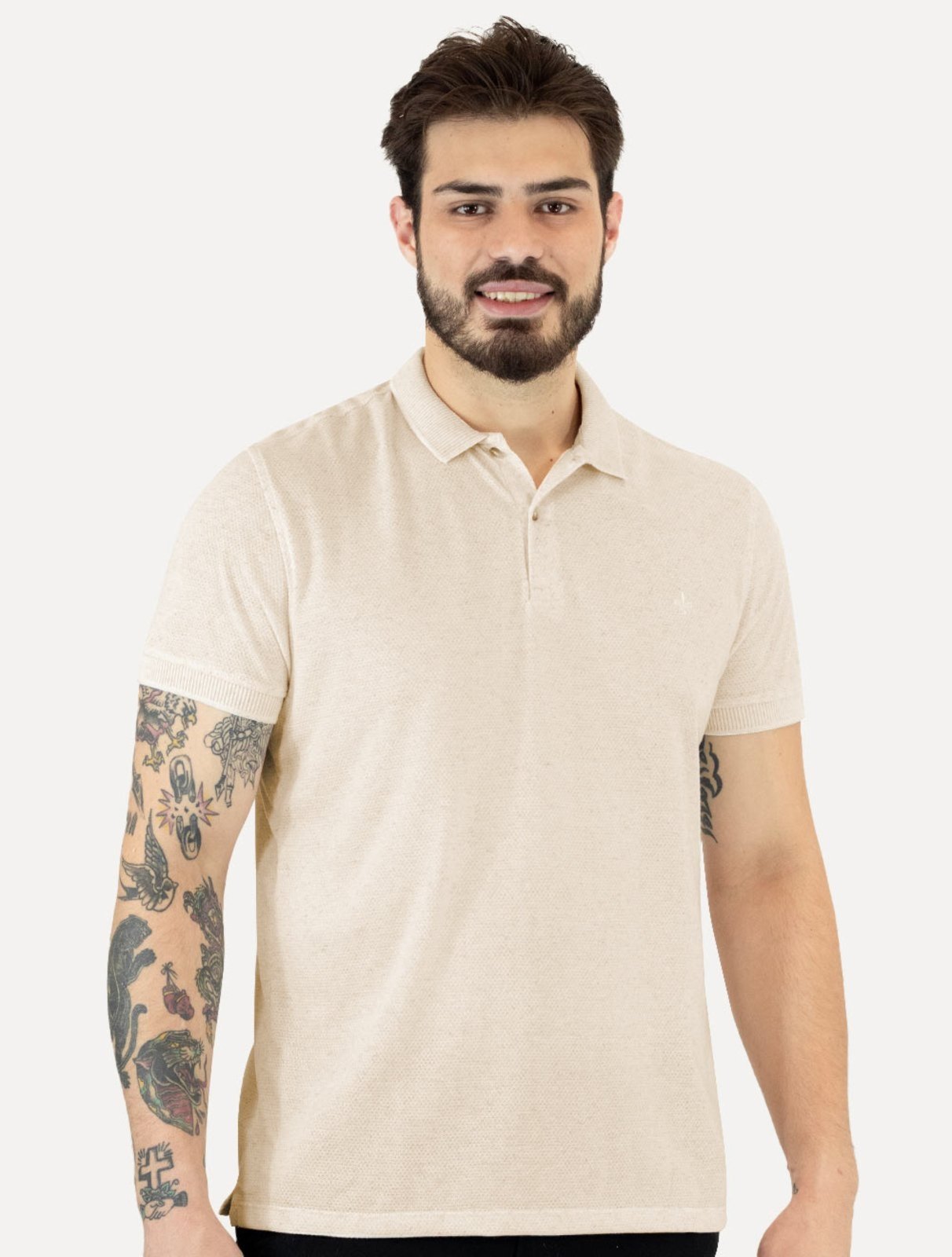 Polo Dudalina Masculina Malha Favo Linho Cáqui Claro
