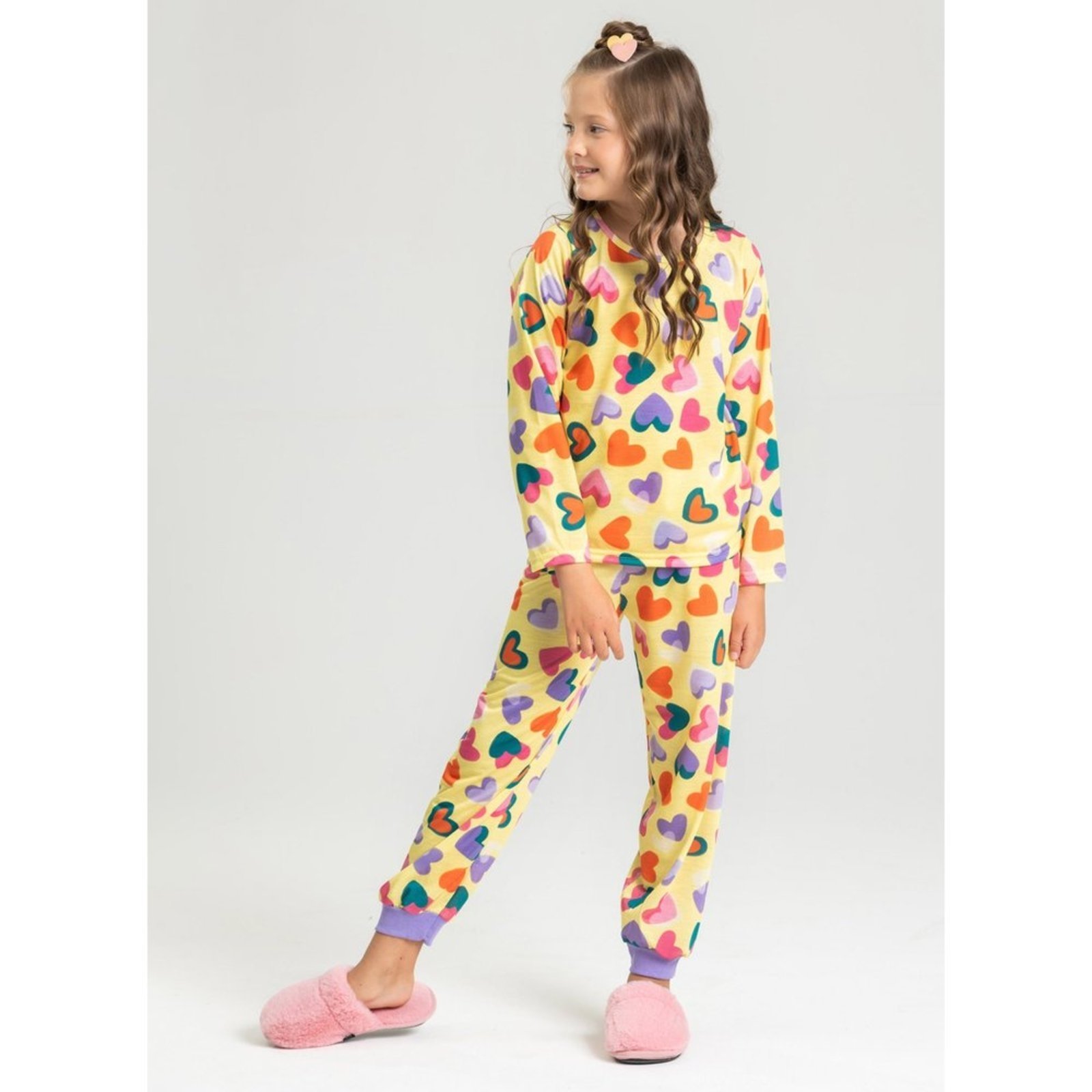 Pijama Longo Menina Amarelo Corações Coloridos