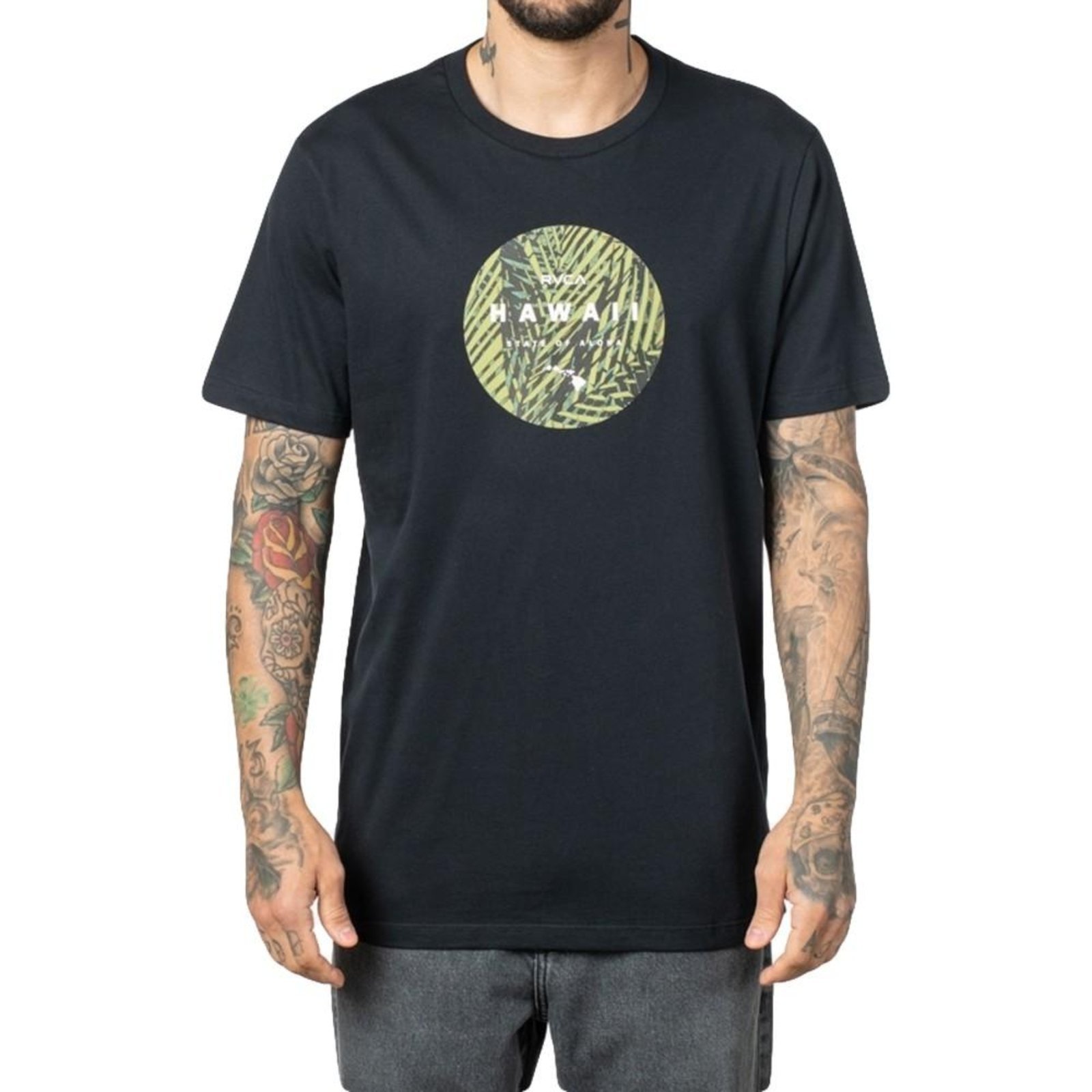 Camiseta RVCA Hawaii Camo Motors WT23 Masculina Preto