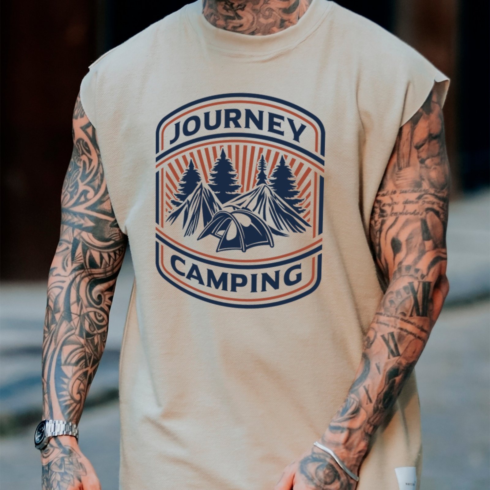 Camiseta Regata Machão Ousy Journey Camping Oversized Masculina Off White