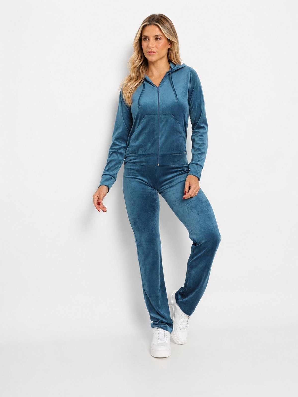 Conjunto Pompier Feminino Plush Com Capuz E Calça Reta Azul Petróleo