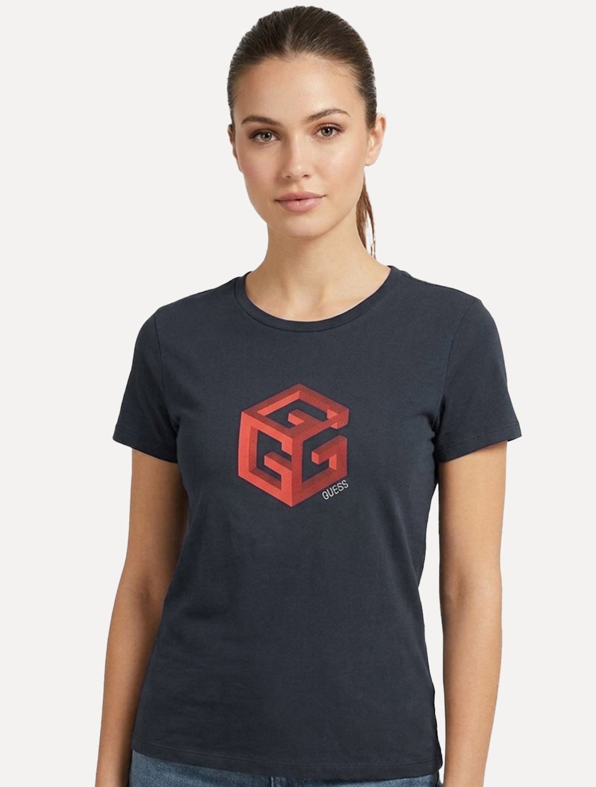 Camiseta Guess Feminina Cube 3D Logo Azul Marinho