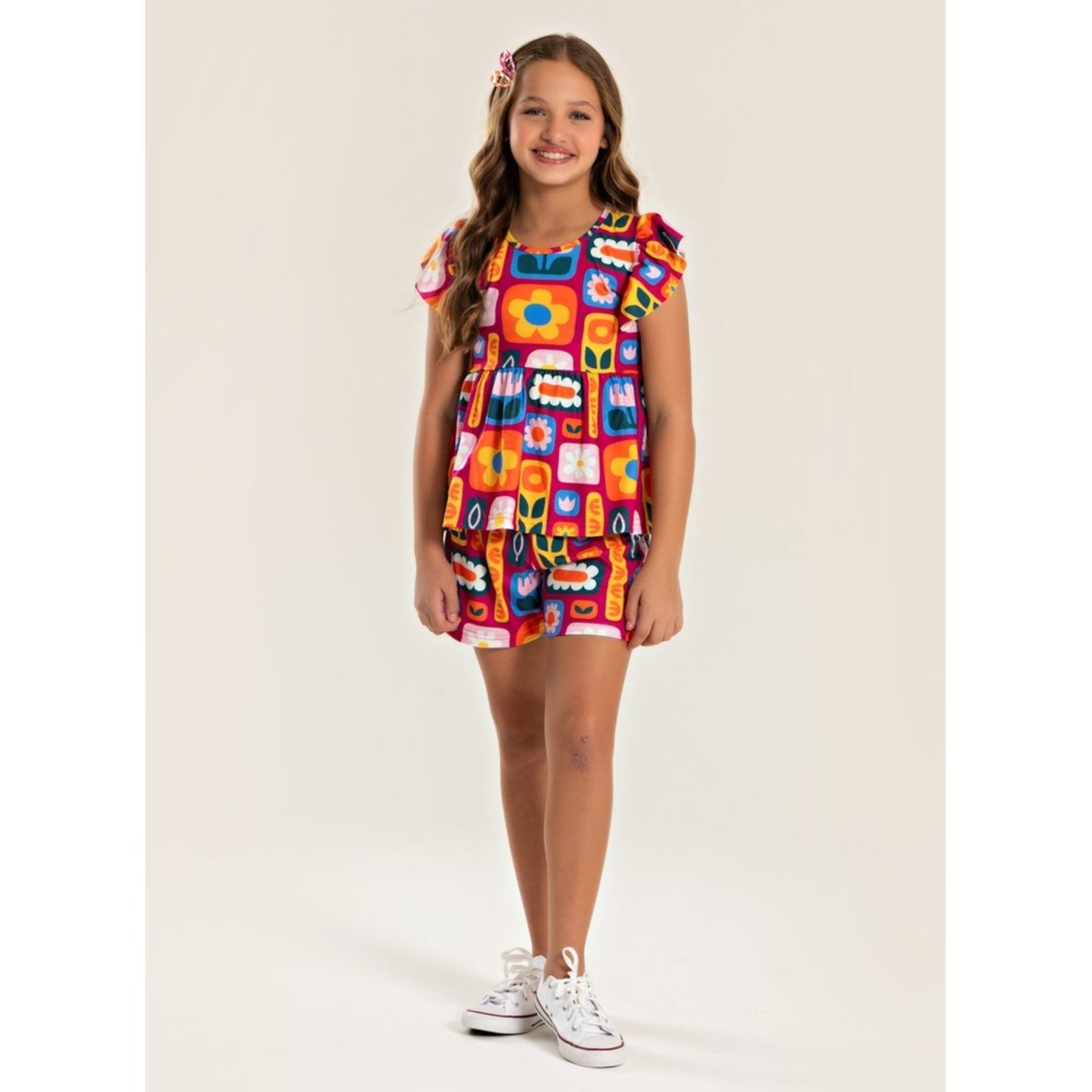Infantil – Conjunto Verão Menina Pink Cropped Com Babado e Shorts Florzinhas Retrô
