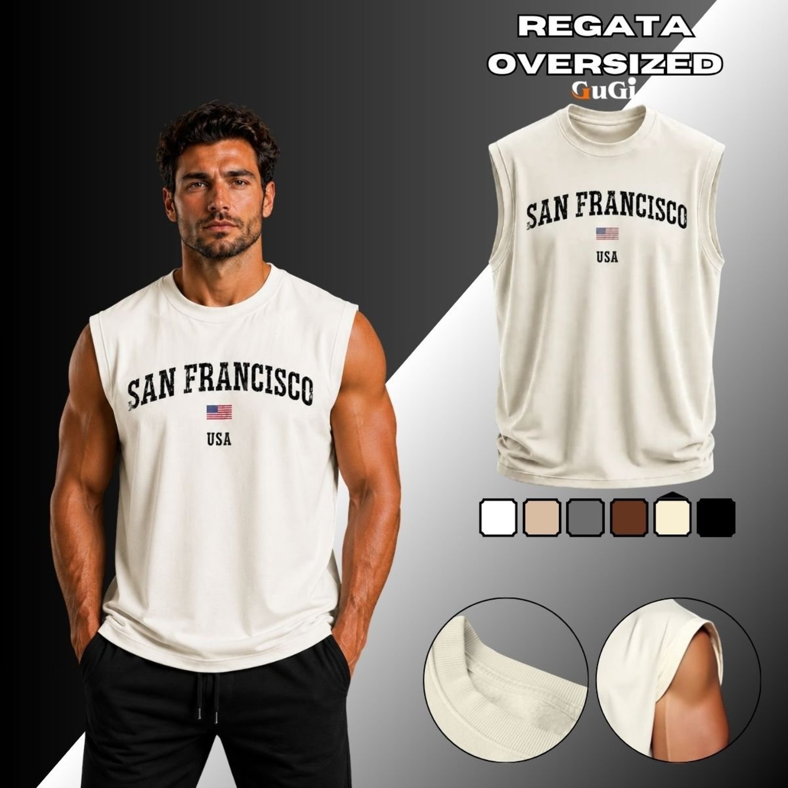 Camiseta Regata Masculina Oversized Estampada San Francisco USA 100% Algodão Off White
