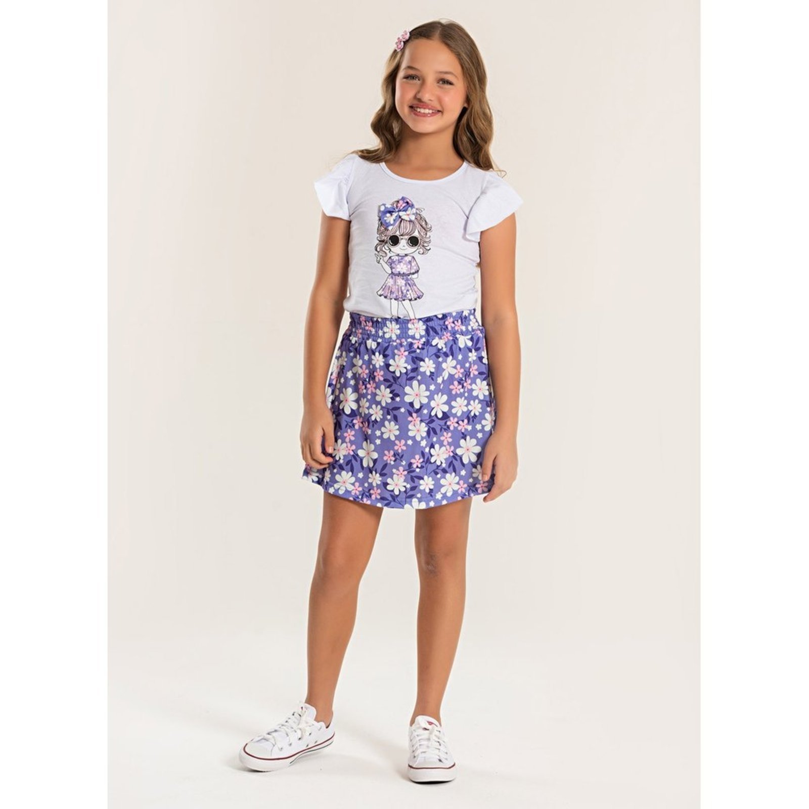Infantil – Conjunto Verão Menina Branco Blusa com Babado e Saia Boneca Florida