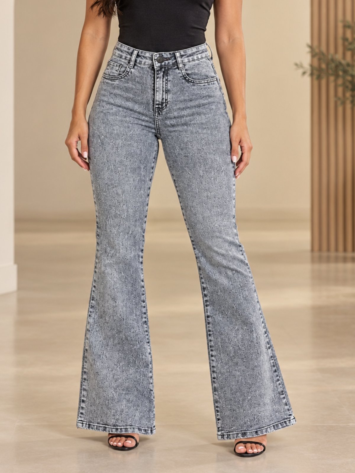 Calça Jeans Feminina Flare Grafite Cintura Alta Tecido Premium Marmorizada Modeladora Estilosa