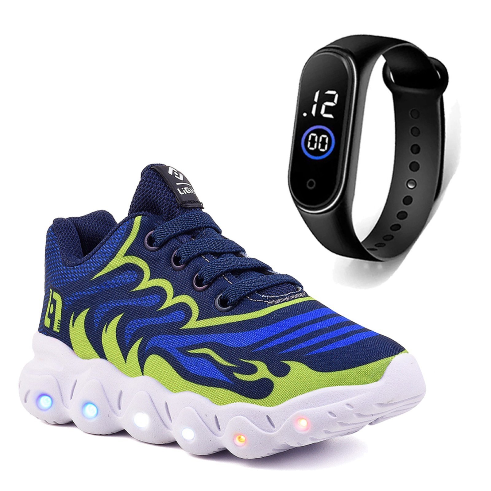 Infantil – Tenis De Led Meninos Casual Marinho e Verde Com Luzes + Relógio