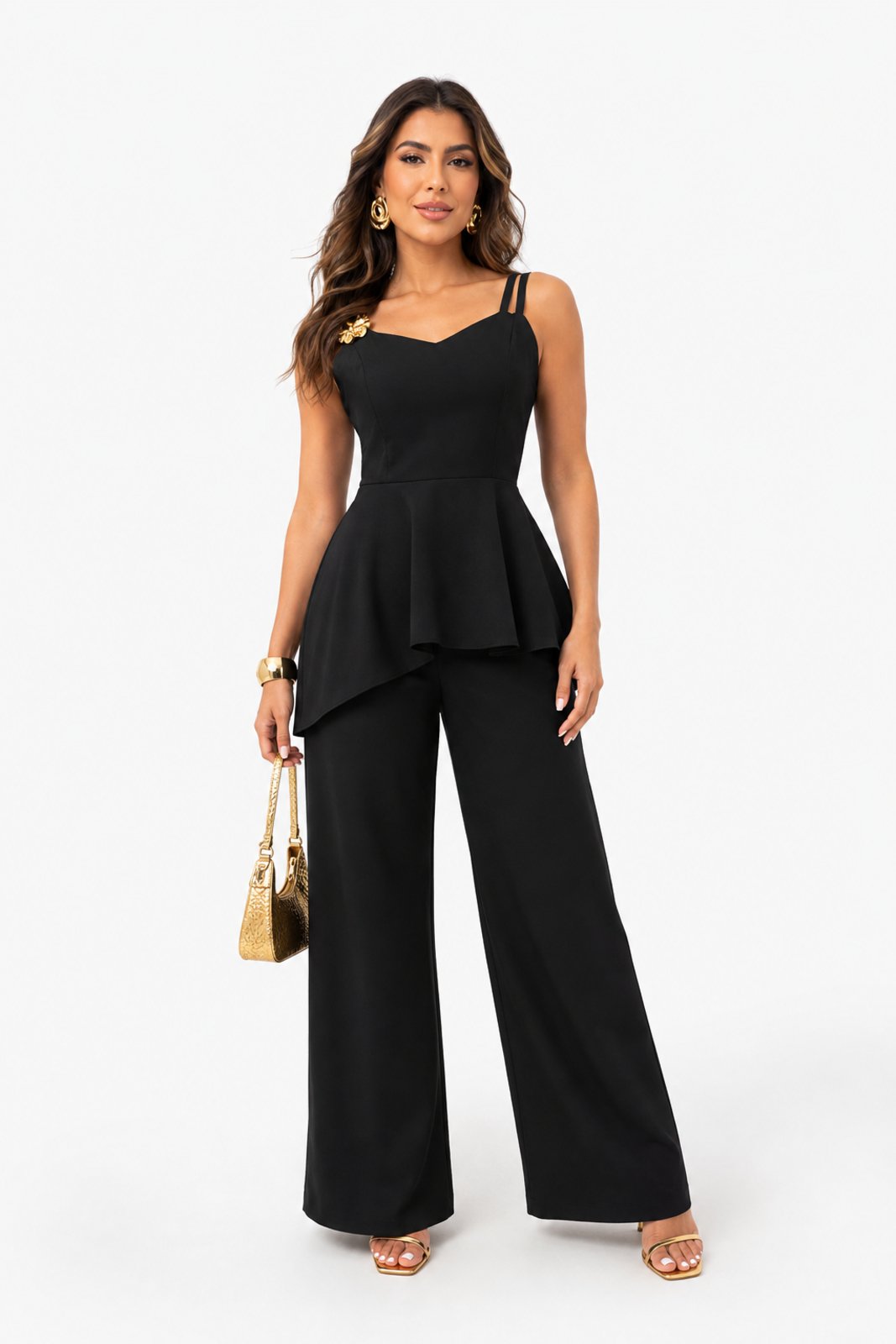 Conjunto Feminino D Bell Outlet Fashion Pantalona Blusa Peplum Preto