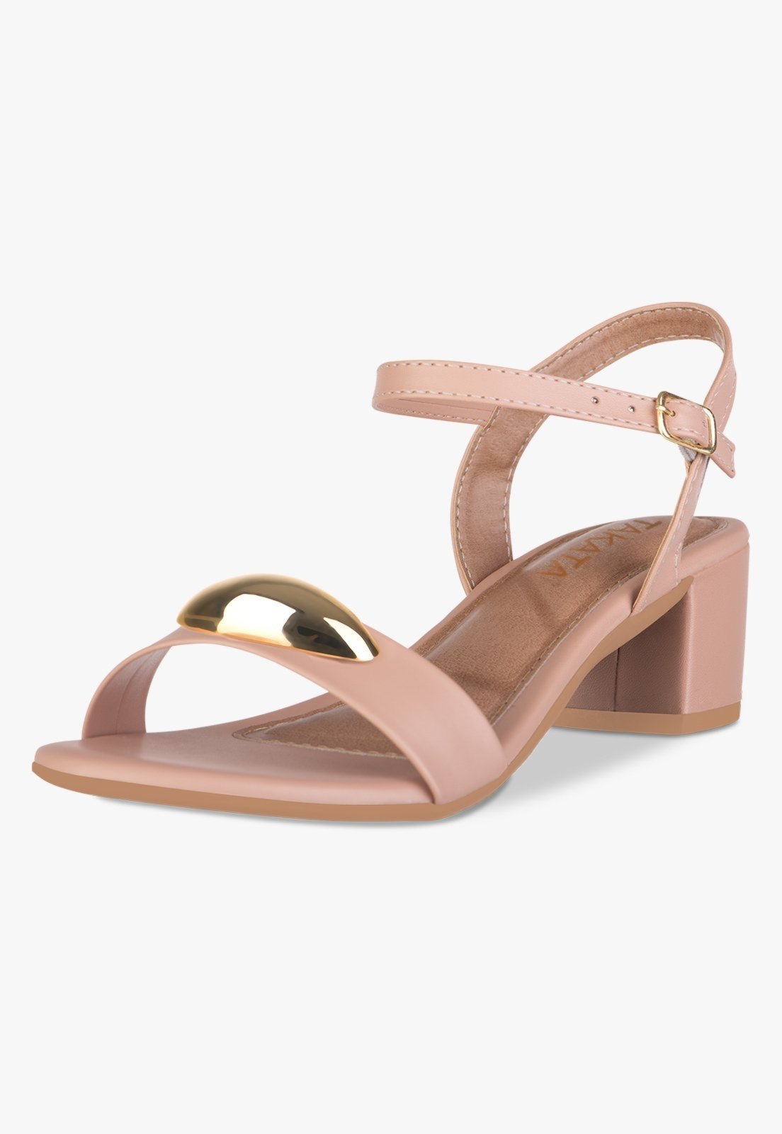 Sandália Feminina Salto Bloco Baixo Enfeite Metal Dourado Nude