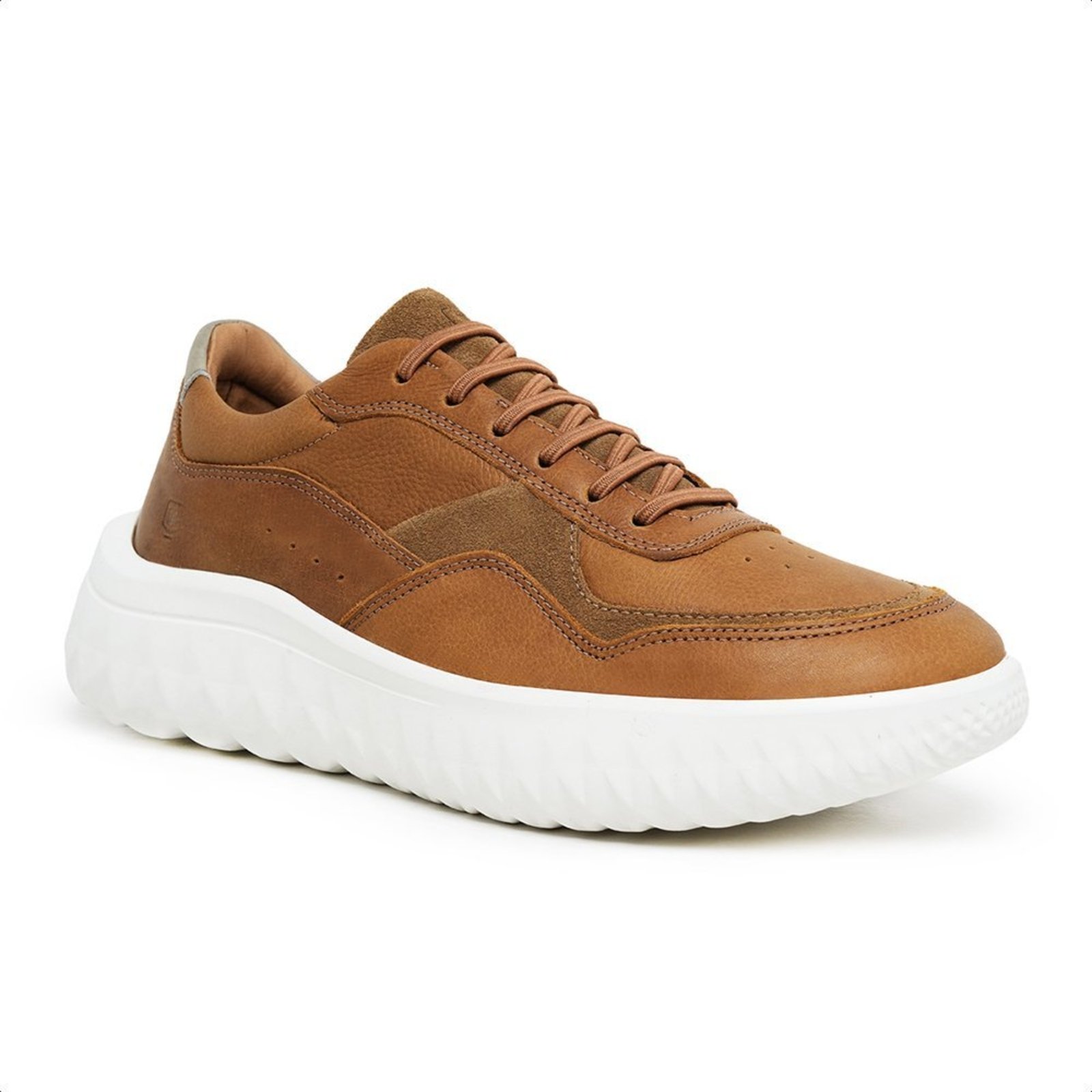 Tênis Masculino Malbork Couro Caramelo com Detalhe em Camurça Solado Branco Confortável 037500C