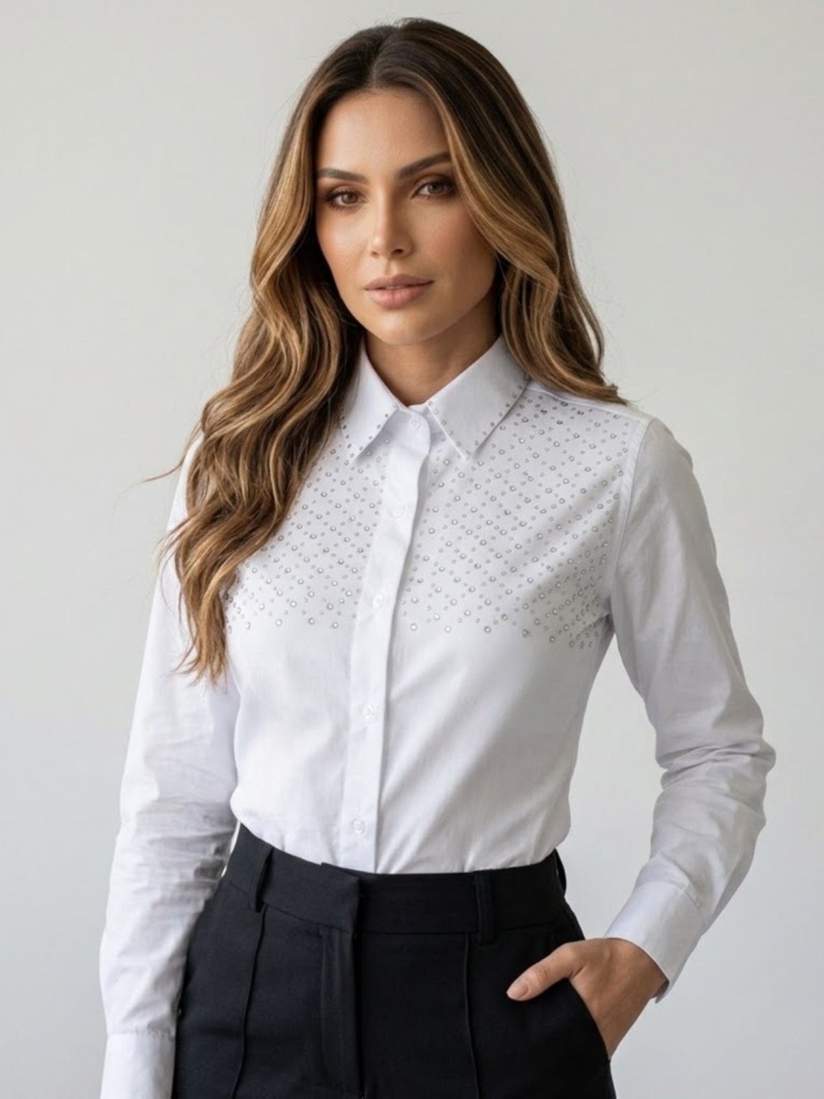 Camisa Social Feminina branca com strass em bloco no busto superior Premium Blusa com Manga Longa