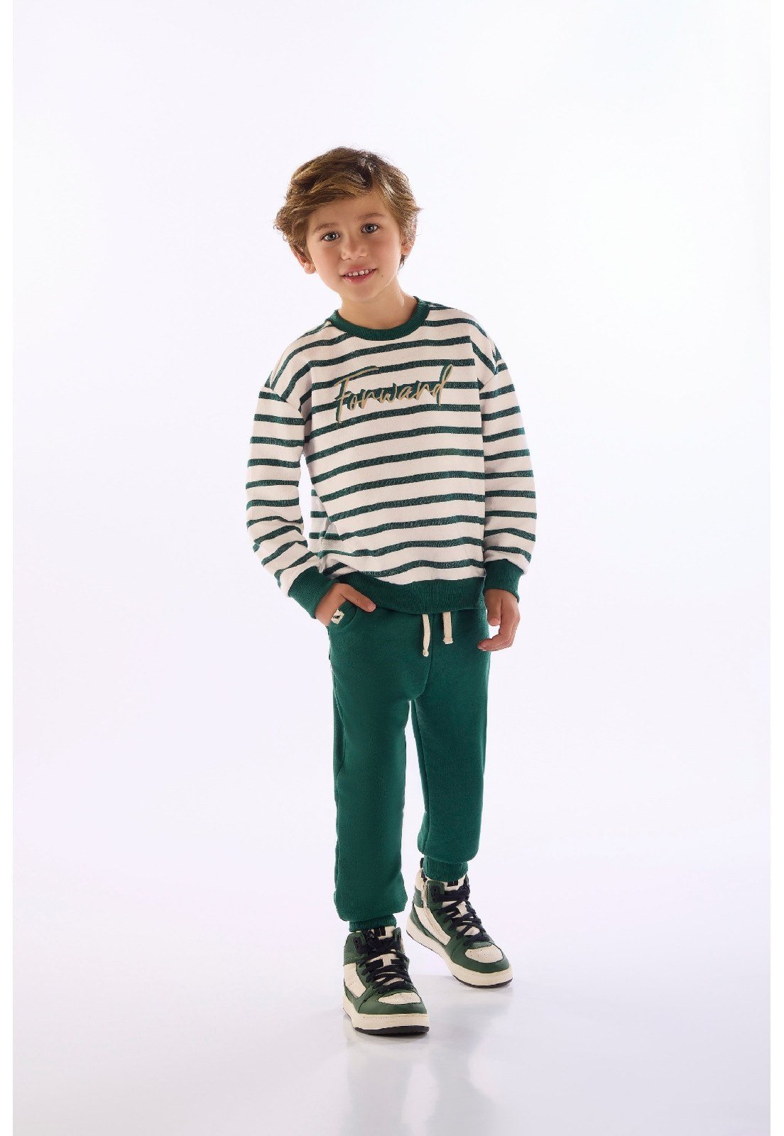Infantil - Conjunto Blusão Listrado Moletom Quimby Verde