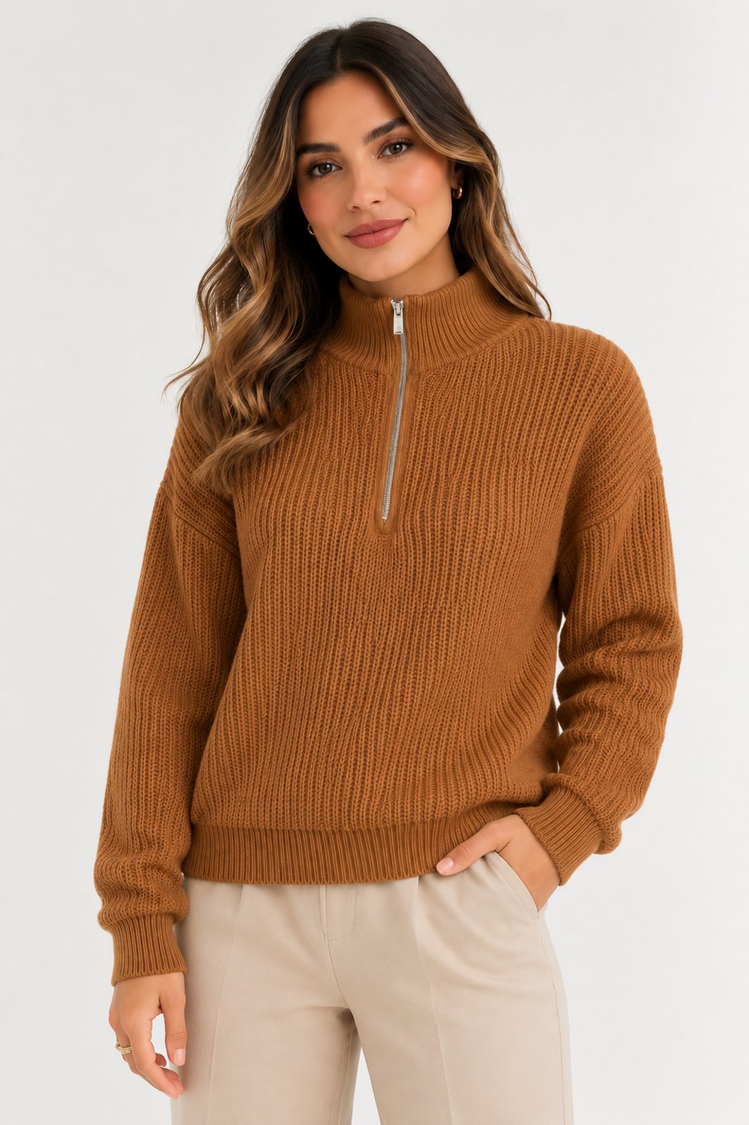 Blusa Tricôt D Bell Outlet Fashion Gola Alta Zíper Caramelo