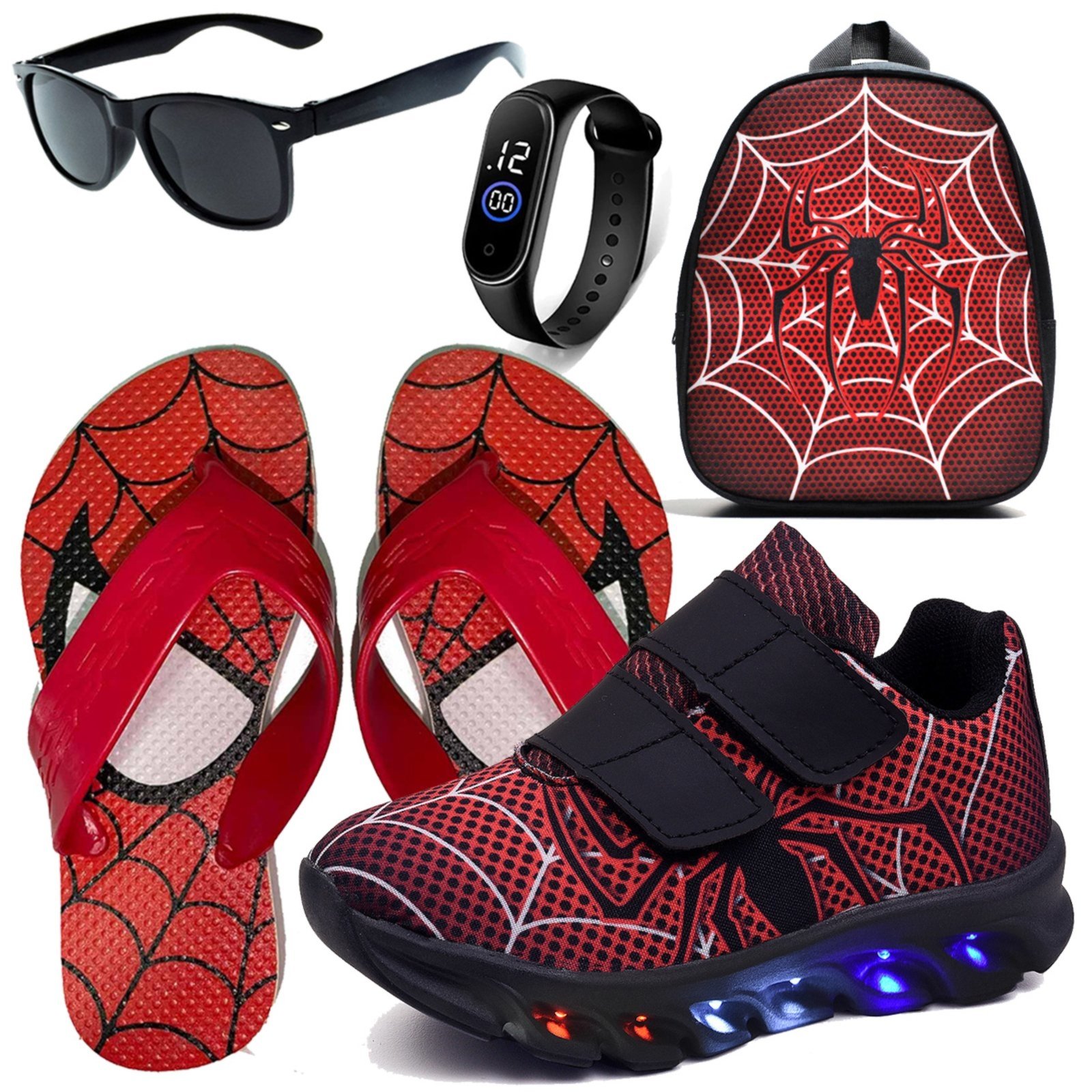 Infantil – Kit Tênis De Led Aranha Personagem Meninos Mochila Chinelo Óculos Relógio