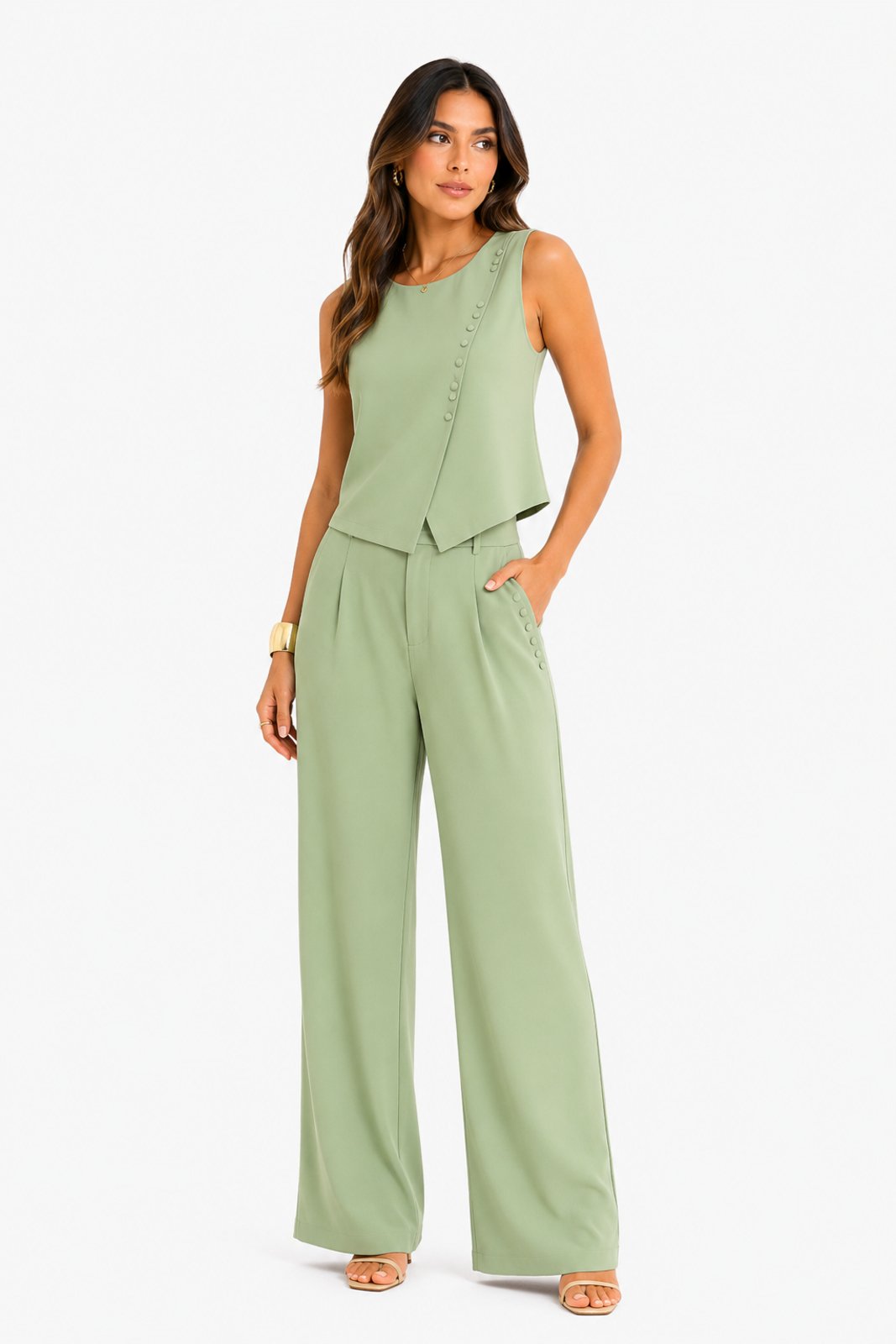 Conjunto Feminino D Bell Outlet Fashion Regata Transpassada Pantalona Verde Pistache