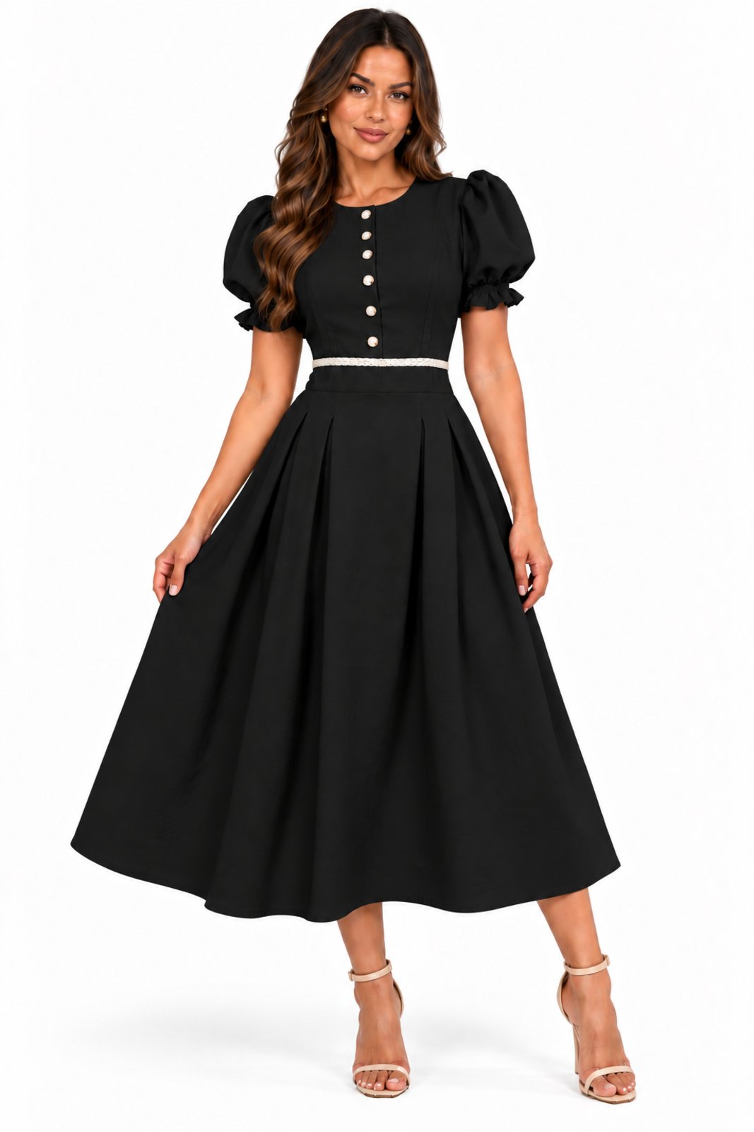 Vestido Midi D Bell Outlet Fashion Botões e Manga Bufante Preto