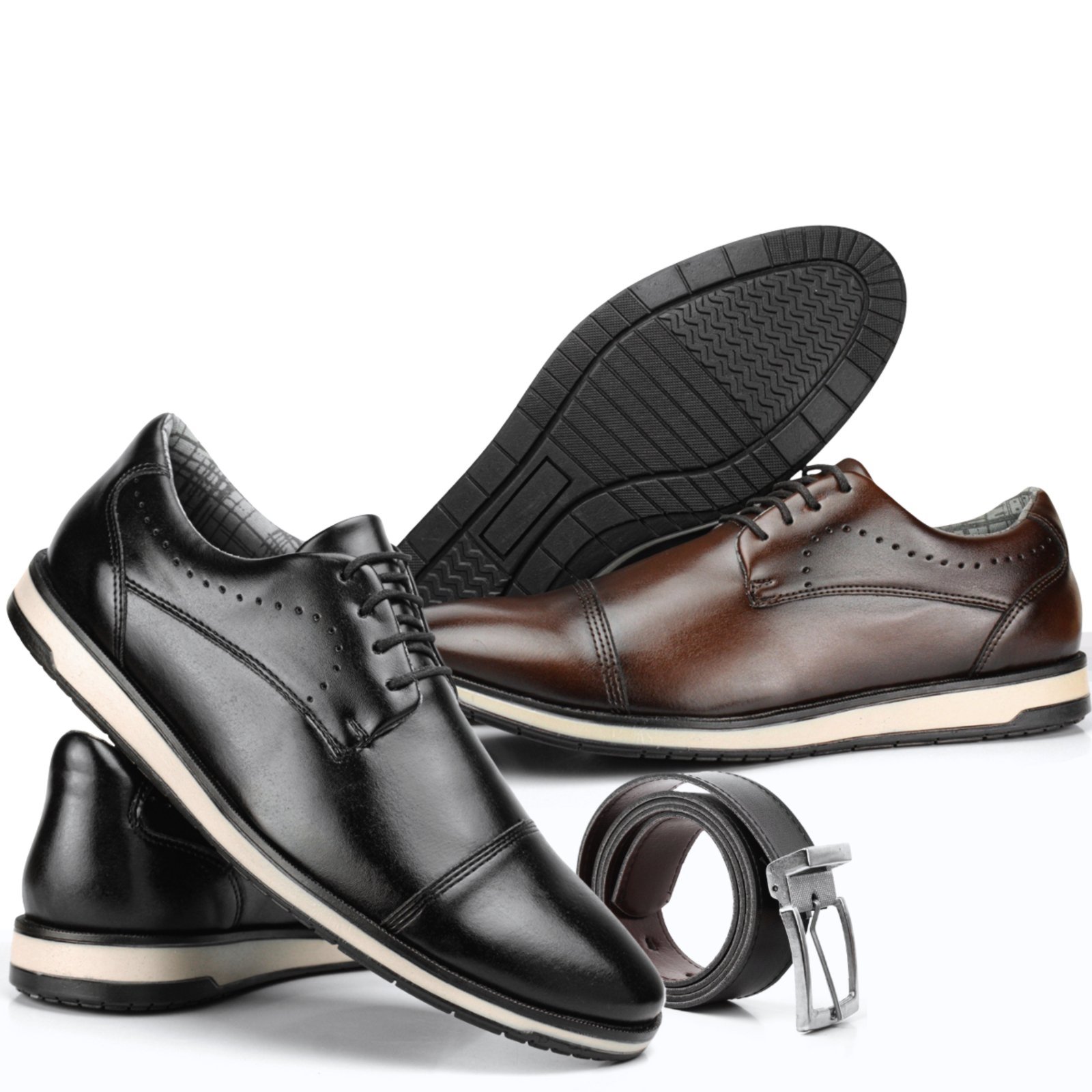 Kit 2 Sapatos Oxford Social Masculino + Cinto Dupla Face Preto/Café