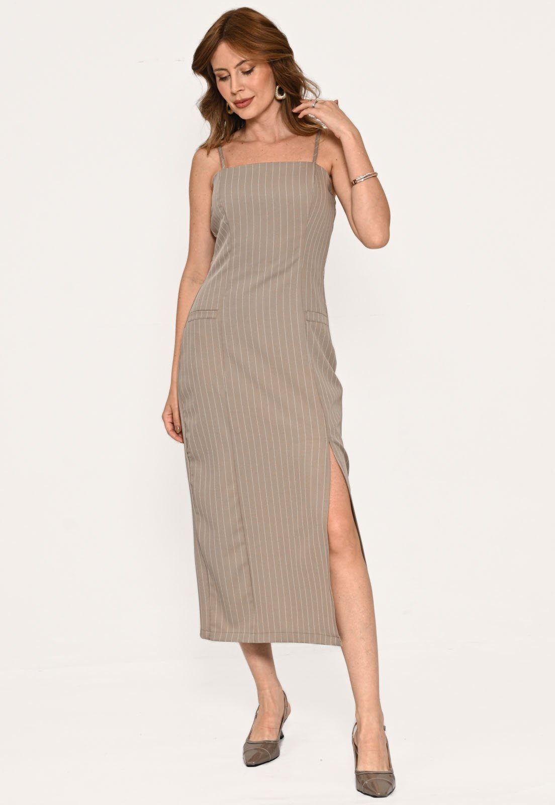 Vestido Bisô Midi Alfaiataria Risca de Giz Cinza – Cinza