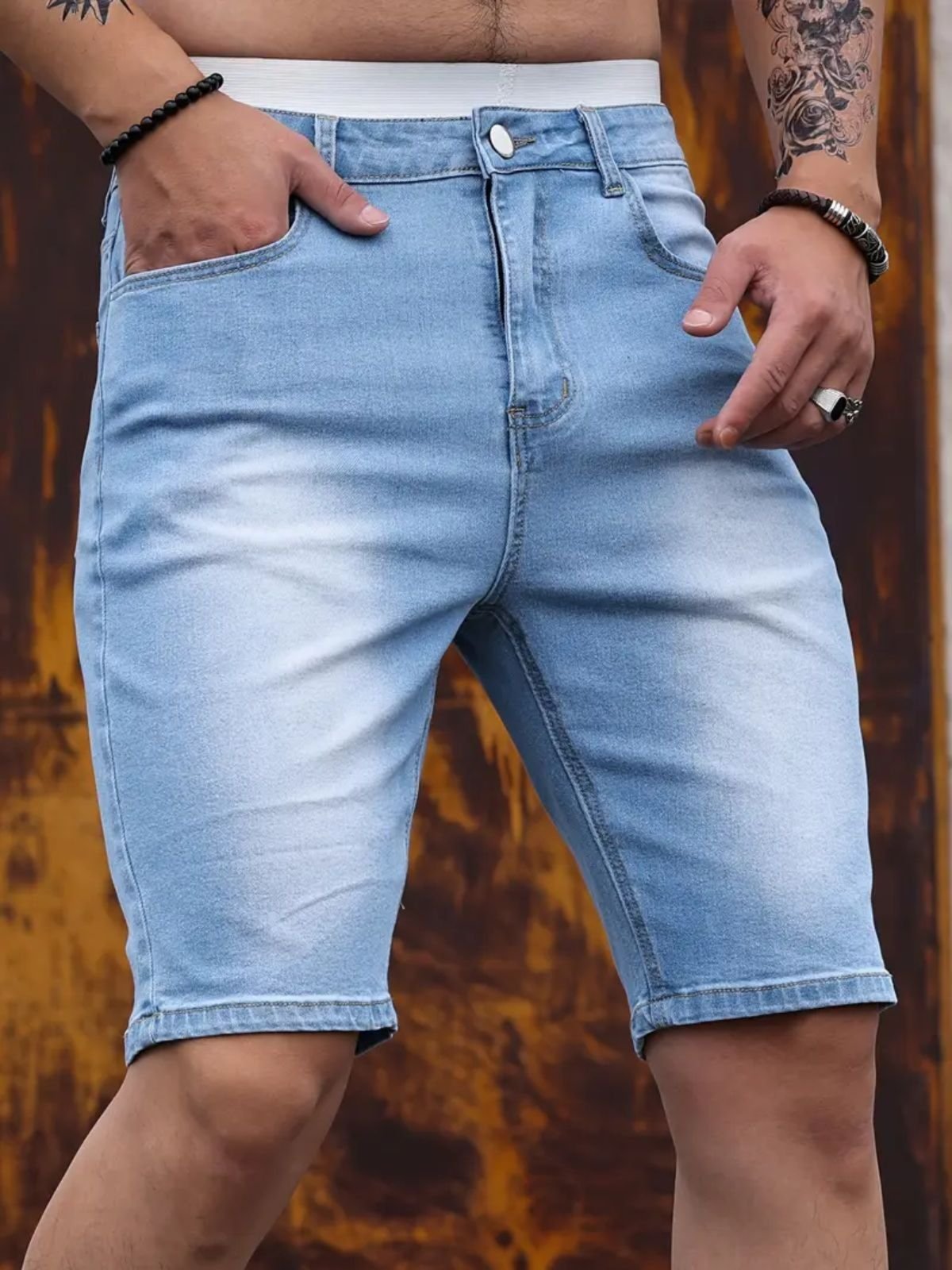Bermuda Jeans Masculina Kovali Casual Skinny Com Elastano Confortável Style Delavê Clara