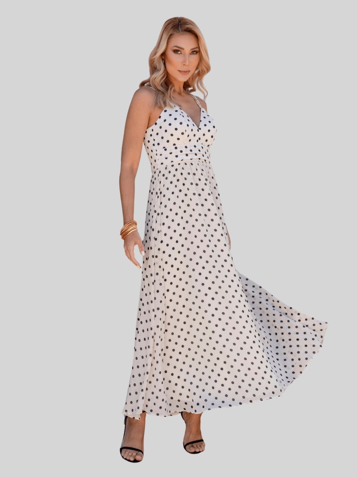 Vestido Miss e Misses Salete Midi Poa C/Ziper Costa Bege