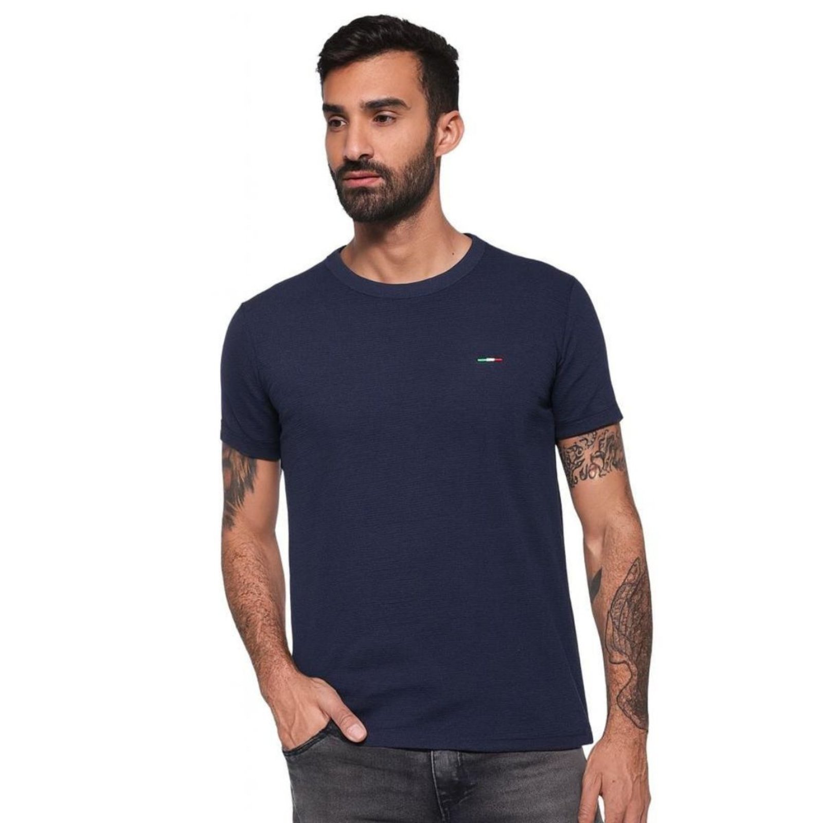 Camiseta Masculina Industrie Malha Fusion Premium Estilo Europeu com Bordado Exclusivo Itália Marinho