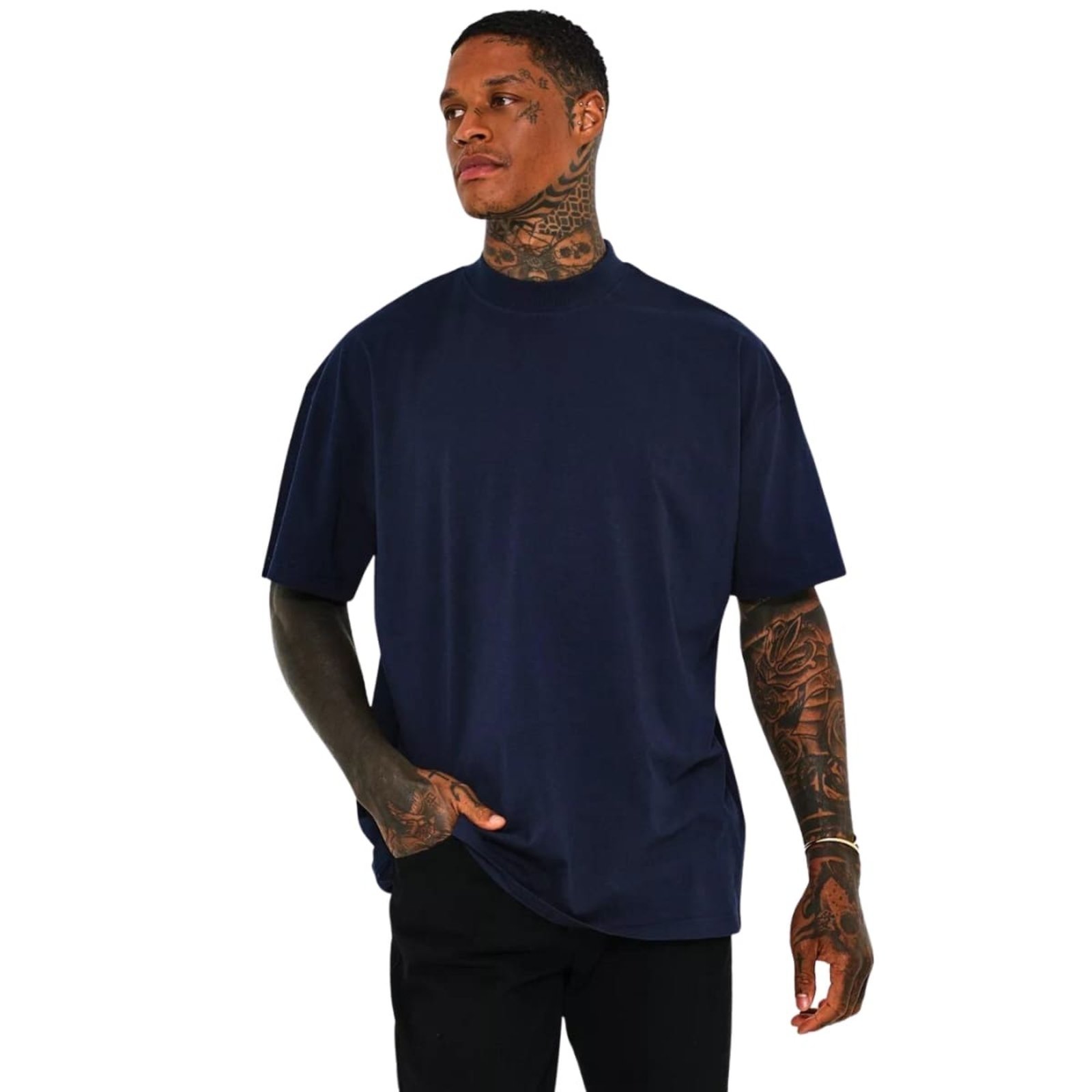 Camisa Oversized Gola Alta Algodão Azul Marinho