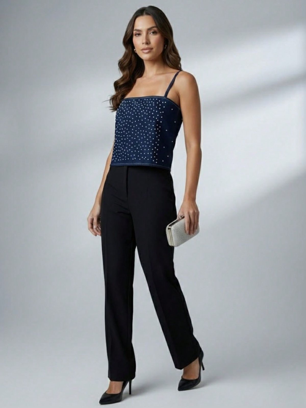 Cropped Jeans Azul Reto com Strass de Alcinha e Costas Nuas Brilho Top Reto