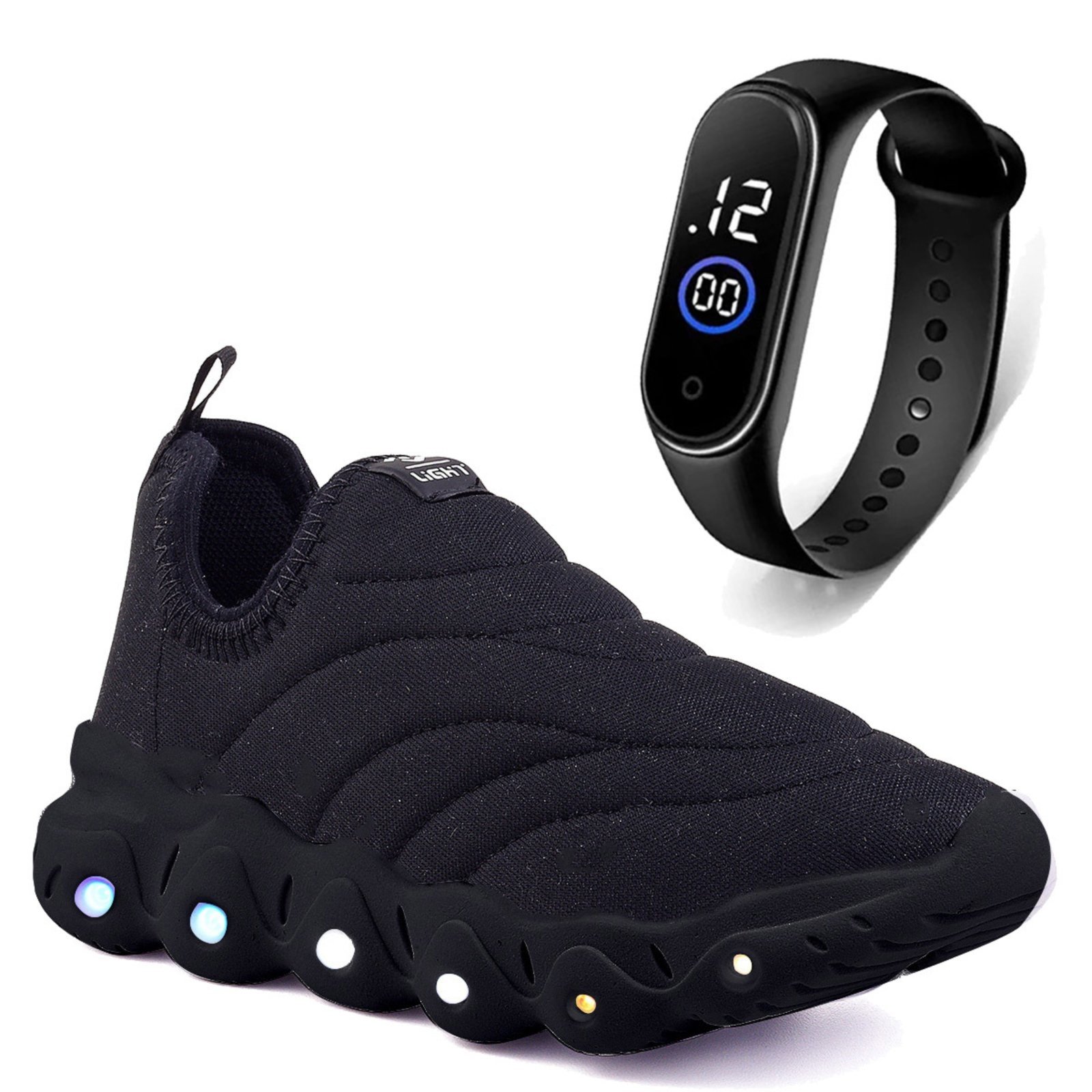 Vista 2 Infantil - Kit Tênis De Led Calce Facil Meninos e Meninas Escolar Relógio CALCADOS LGHT LIGHT preto CALCADOS LGHT LIGHT preto