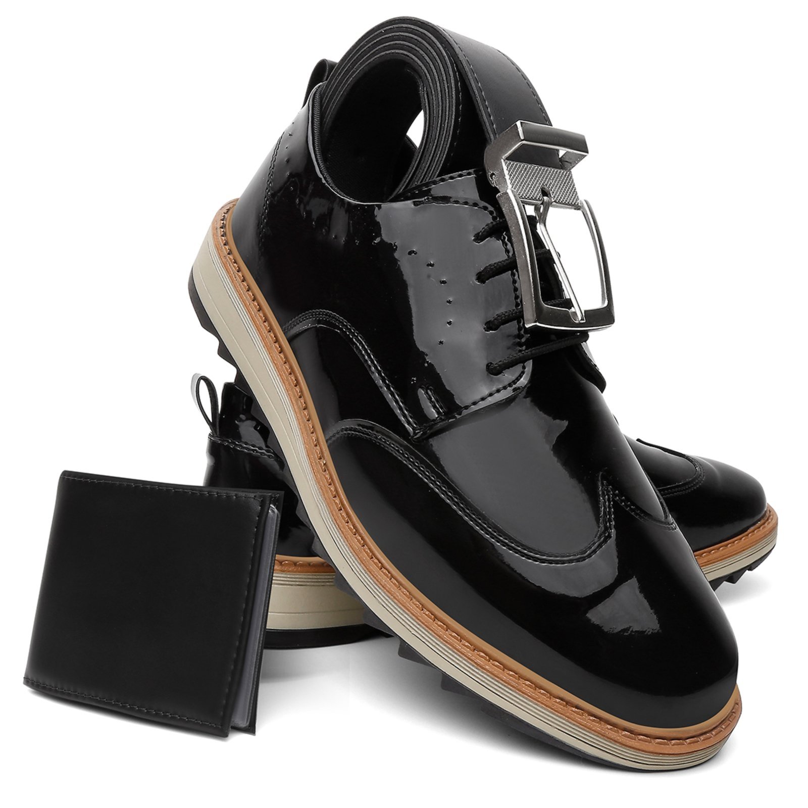 Sapato Oxford Casual Derby Tratorado Masculino Verniz Preto Moda Evangelica Acompanha Cinto E Carteira