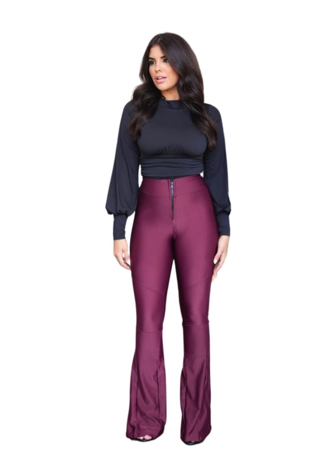 Calça Flare Power Cintura Alta Com Elastano Vinho