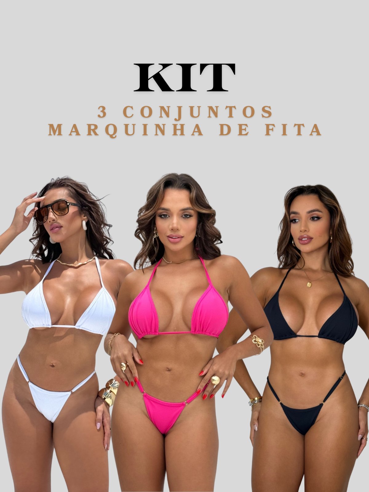 Kit Com 3 Conjuntos Biquíni Marquinha De Fita Com Calcinha Dupla de Regulagem e Top Cortininha